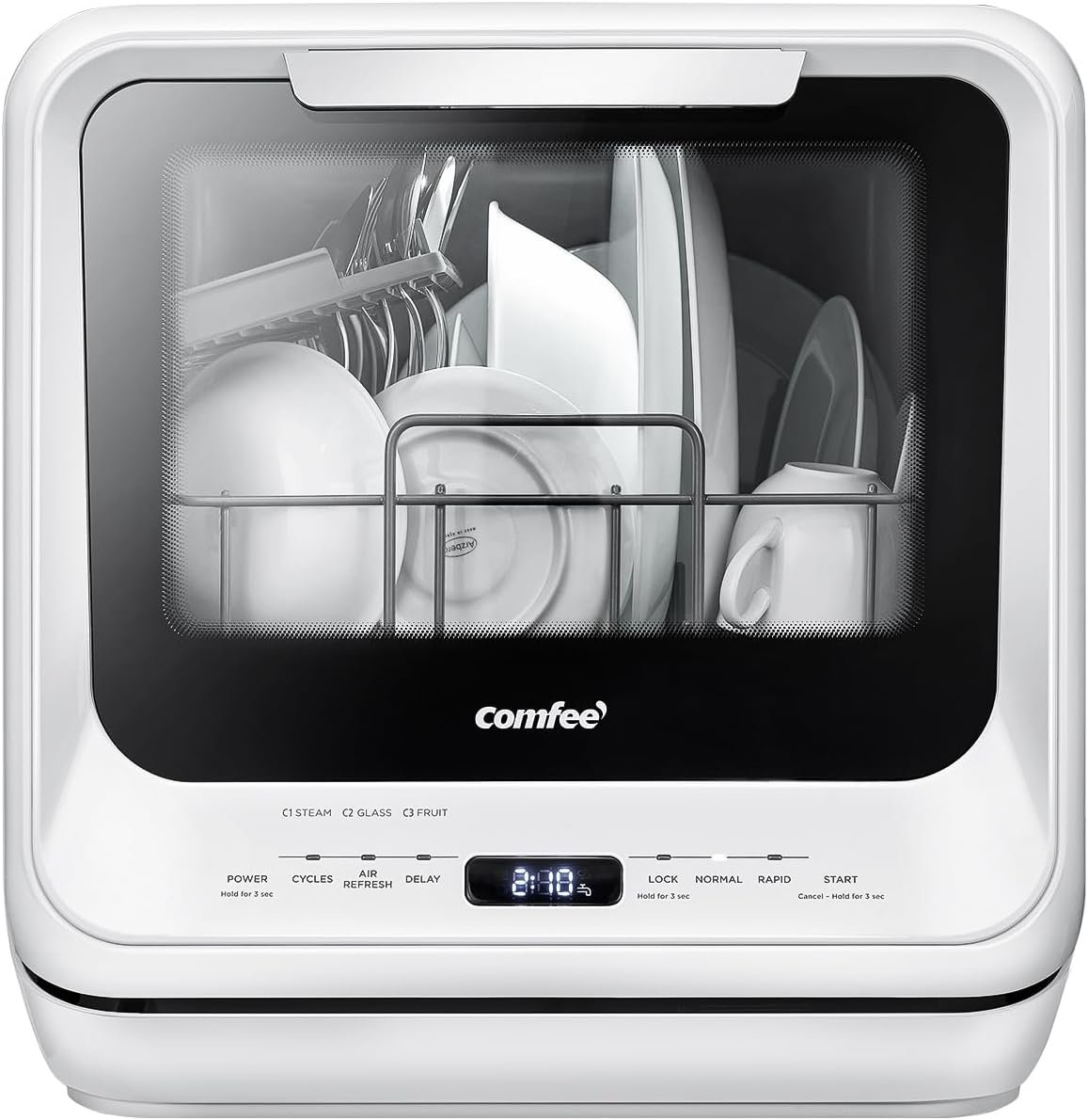 COMFEE' Countertop Dishwasher, Portable Dishwasher with 5L Built-in Water Tank, No Hookup Needed, 6 Programs, 360° Dual Spray, 192℉ Steam& Air-Dry Function, Mini Dishwasher for Apartments& RVs, White - Image 2