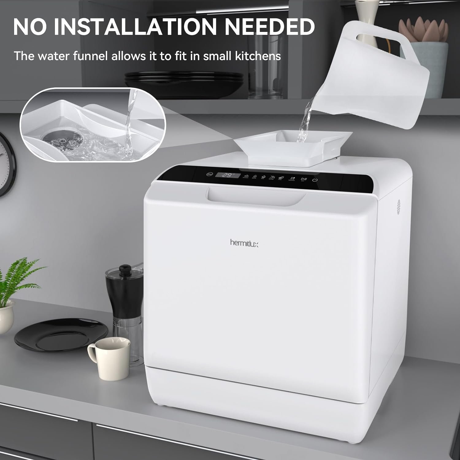Hermitlux Countertop Dishwasher, 5 Washing Programs Portable Dishwasher With 5-Liter Built-in Water Tank And Inlet Hose & Drain Hose - Image 6