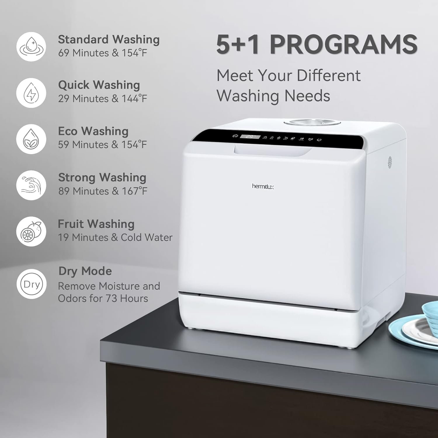 Hermitlux Countertop Dishwasher, 5 Washing Programs Portable Dishwasher With 5-Liter Built-in Water Tank And Inlet Hose & Drain Hose - Image 4