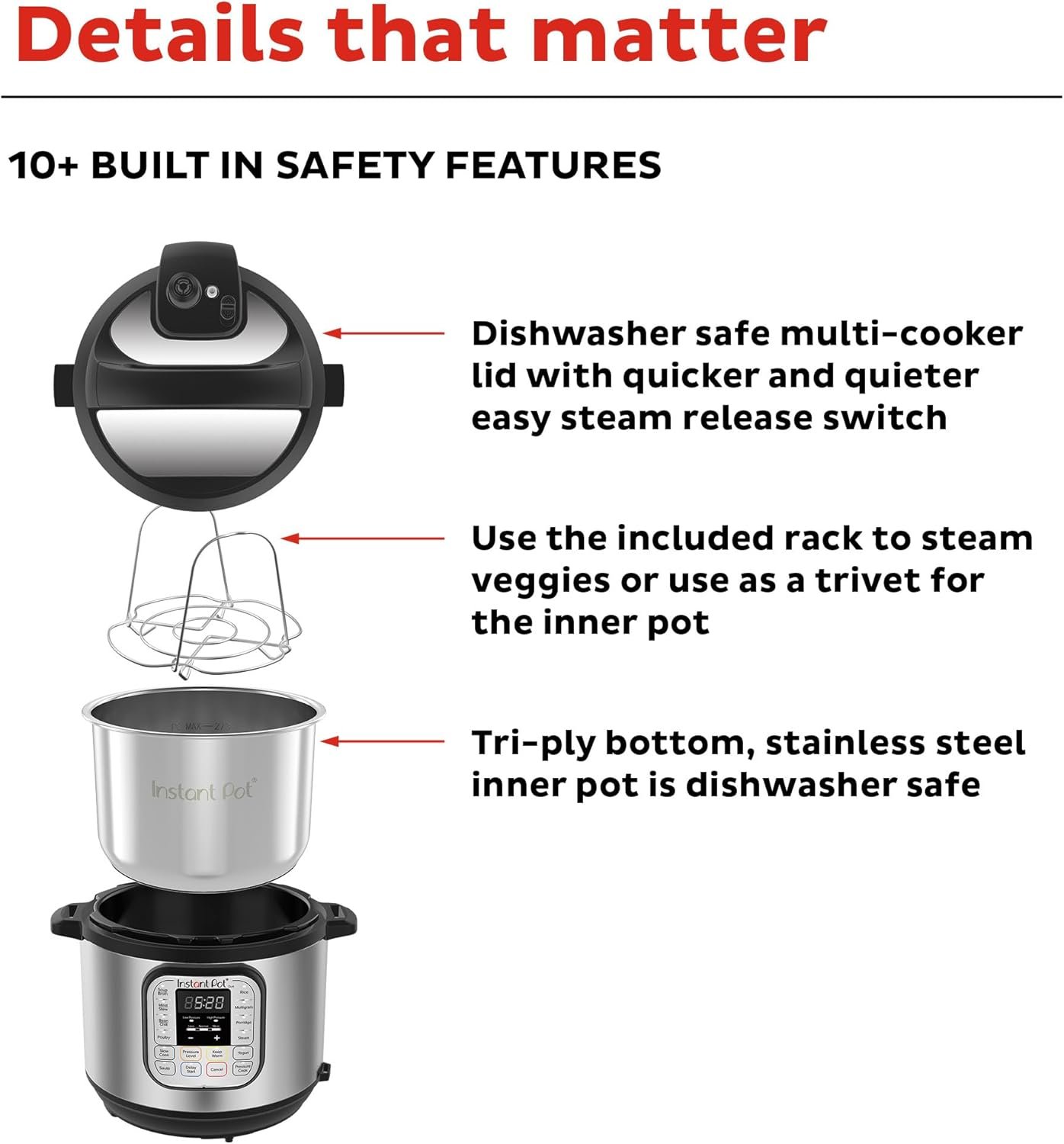 Instant Pot Duo 7-in-1 Electric Pressure Cooker, Slow Cooker, Rice Cooker, Steamer, Saute, Yogurt Maker, Warmer & Sterilizer, Includes App With Over 800 Recipes, Stainless Steel, 6 Quart - Image 4