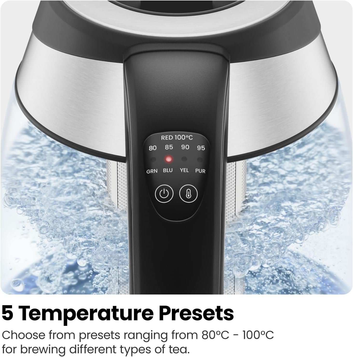 Chefman Electric Kettle w/ Temperature Control, 5 Presets, Colored LED Indicator Lights, 360° Swivel Base, BPA Free, Removable Tea Infuser Included, 1100 Watts & 120 Volts, Stainless Steel, 1.8 Liters - Image 6