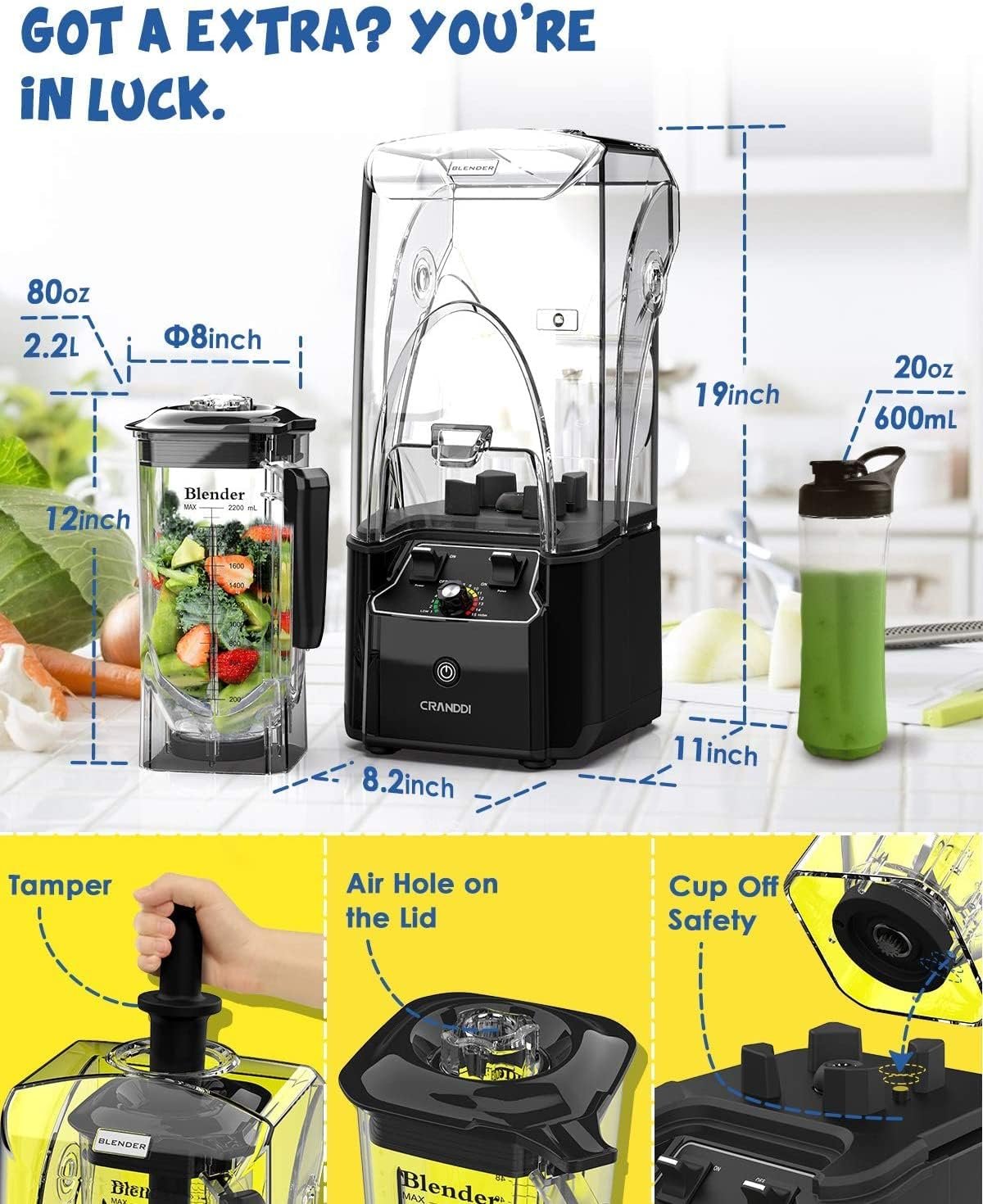 CRANDDI Commercial Quiet Blender, Soundproof Blenders, 2200 Watt Powerful Professional Kitchen Blender with BPA-Free 80oz Pitcher, Smoothie Blender for Commercial and Home K90 (Black) - Image 6