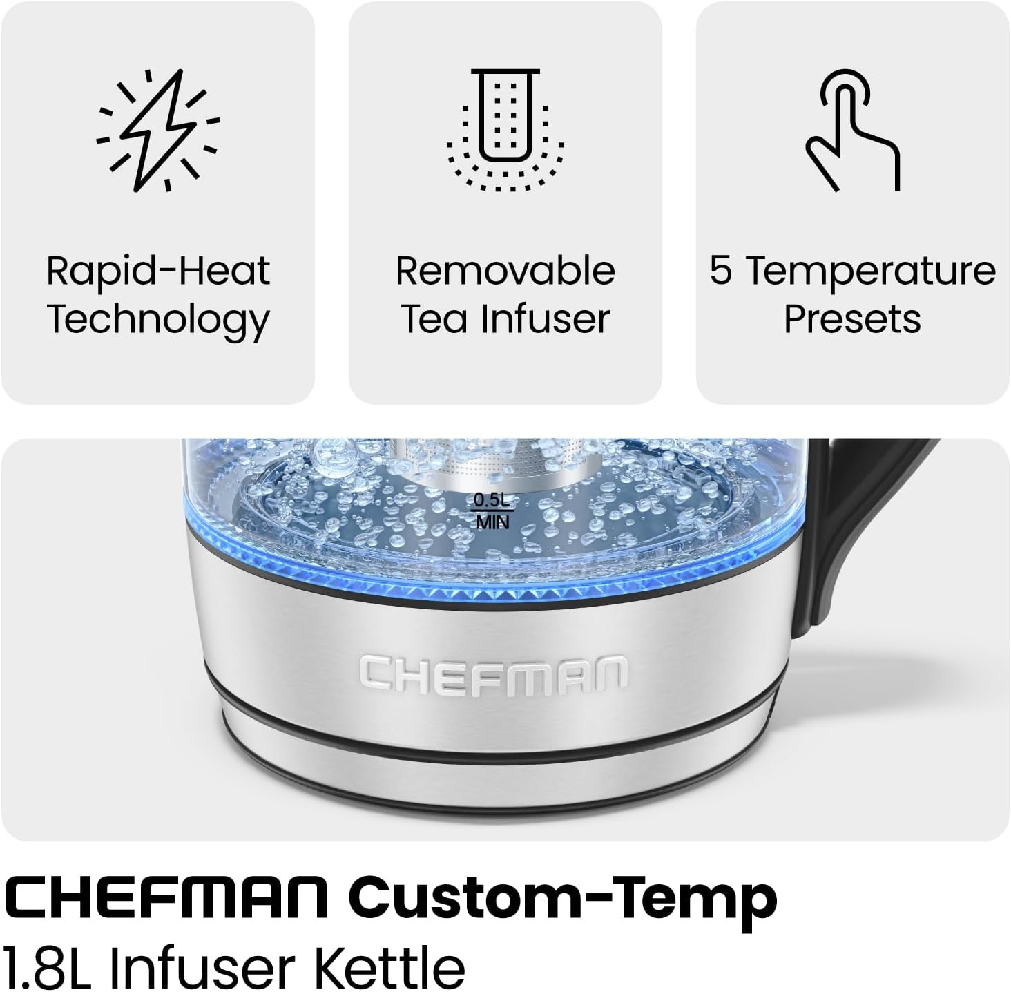 Chefman Electric Kettle w/ Temperature Control, 5 Presets, Colored LED Indicator Lights, 360° Swivel Base, BPA Free, Removable Tea Infuser Included, 1100 Watts & 120 Volts, Stainless Steel, 1.8 Liters - Image 4