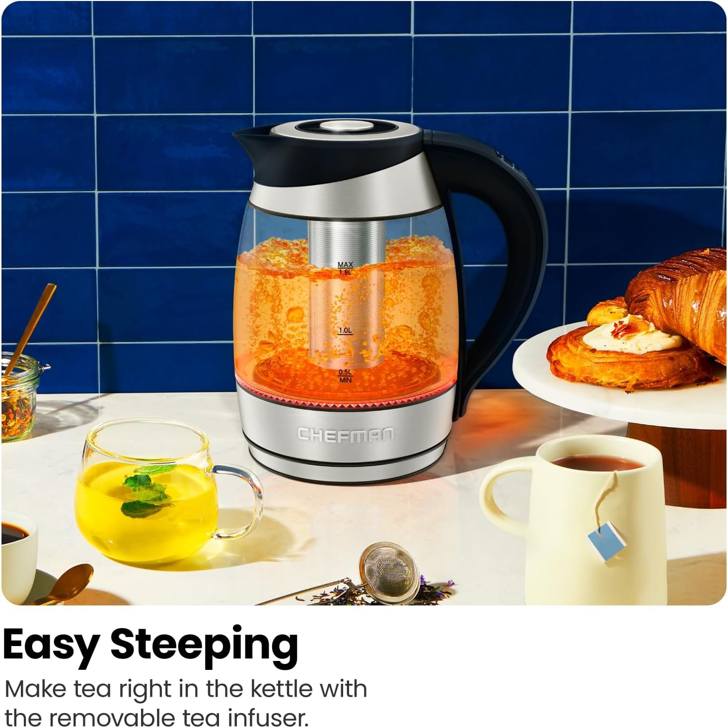 Chefman Electric Kettle w/ Temperature Control, 5 Presets, Colored LED Indicator Lights, 360° Swivel Base, BPA Free, Removable Tea Infuser Included, 1100 Watts & 120 Volts, Stainless Steel, 1.8 Liters - Image 7