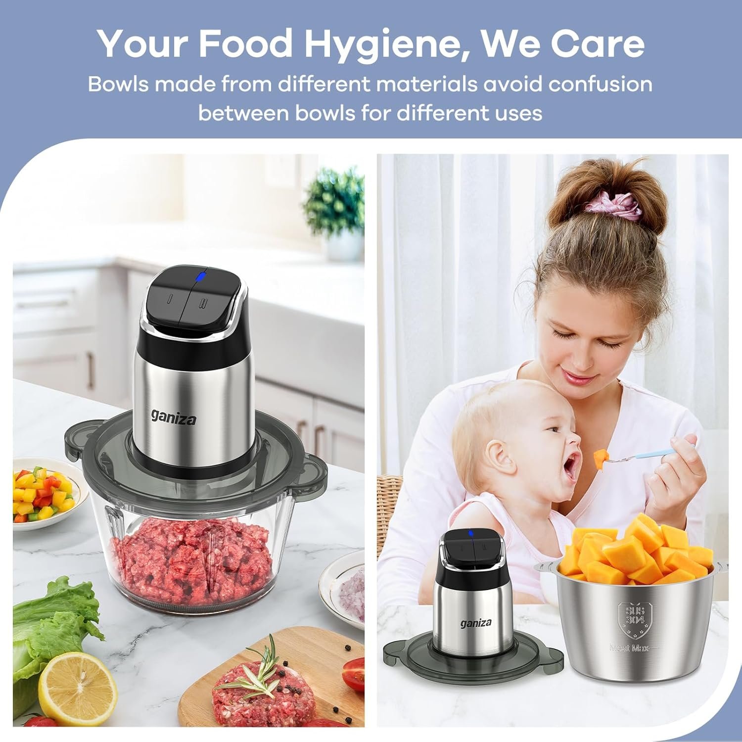 Ganiza Food Processor, 2-Speed Food Chopper Meat Grinder with 2 Bowls, Upgraded Button & Smart Overheat Protection Light - Clean Brush, 2 Blades - Image 5