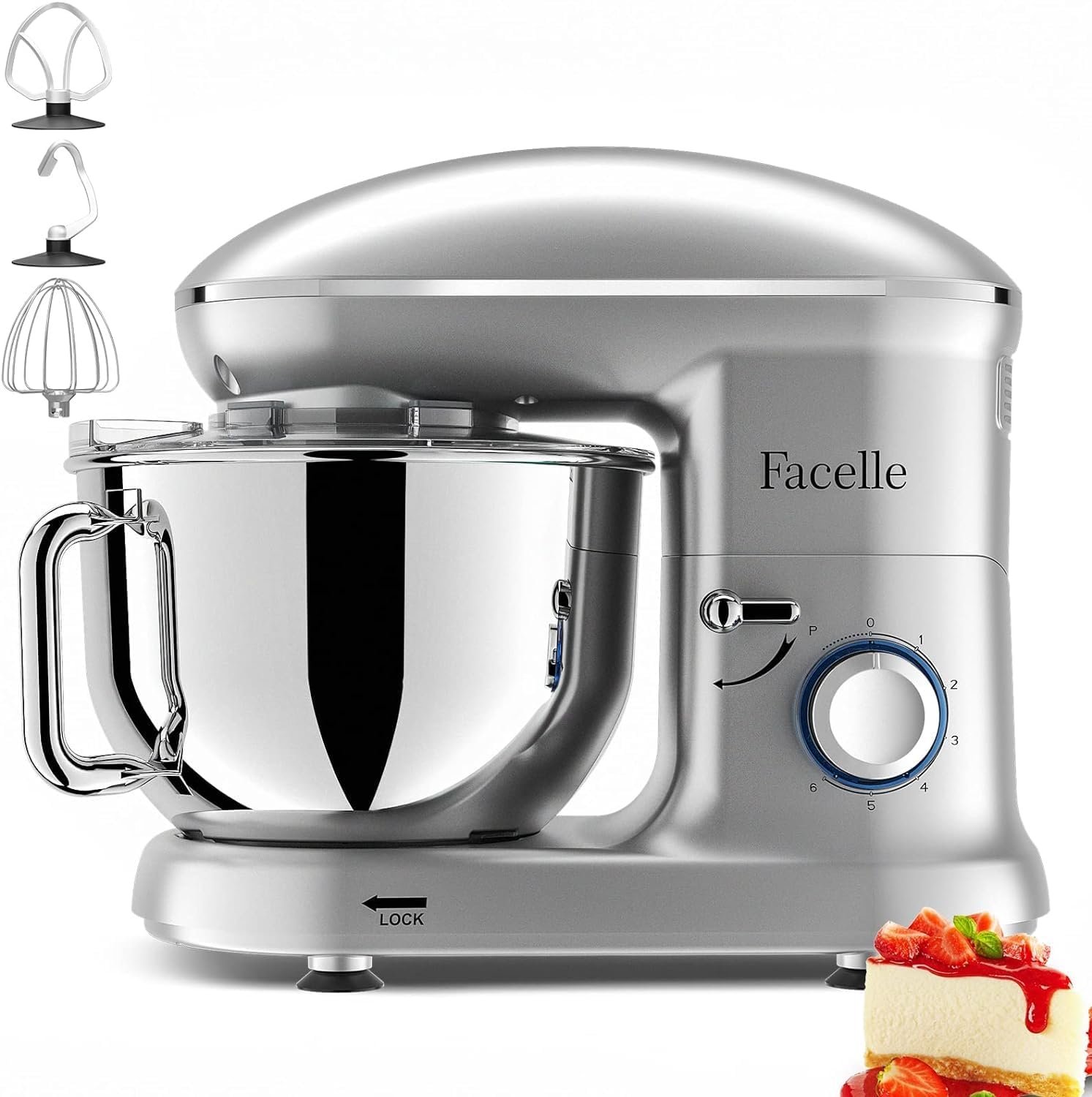 Facelle Stand Mixer, 660W Household Kitchen Stand Mixers Dough Mixer with 6-Speed Tilt-Head Standing Mixer Cake Mixer-Dough Hook/Whisk/Beater for Baking,Cakes,Cookie(6.5 QT Bowl,Silver) - Image 9