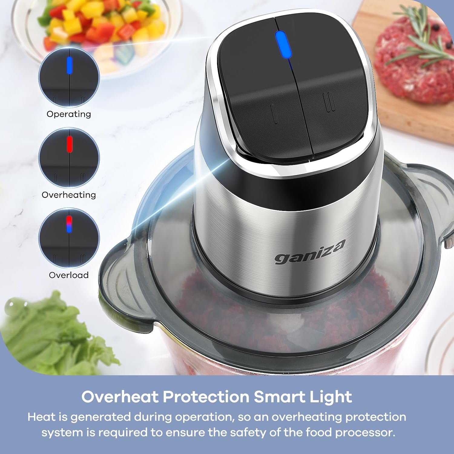 Ganiza Food Processor, 2-Speed Food Chopper Meat Grinder with 2 Bowls, Upgraded Button & Smart Overheat Protection Light - Clean Brush, 2 Blades - Image 3