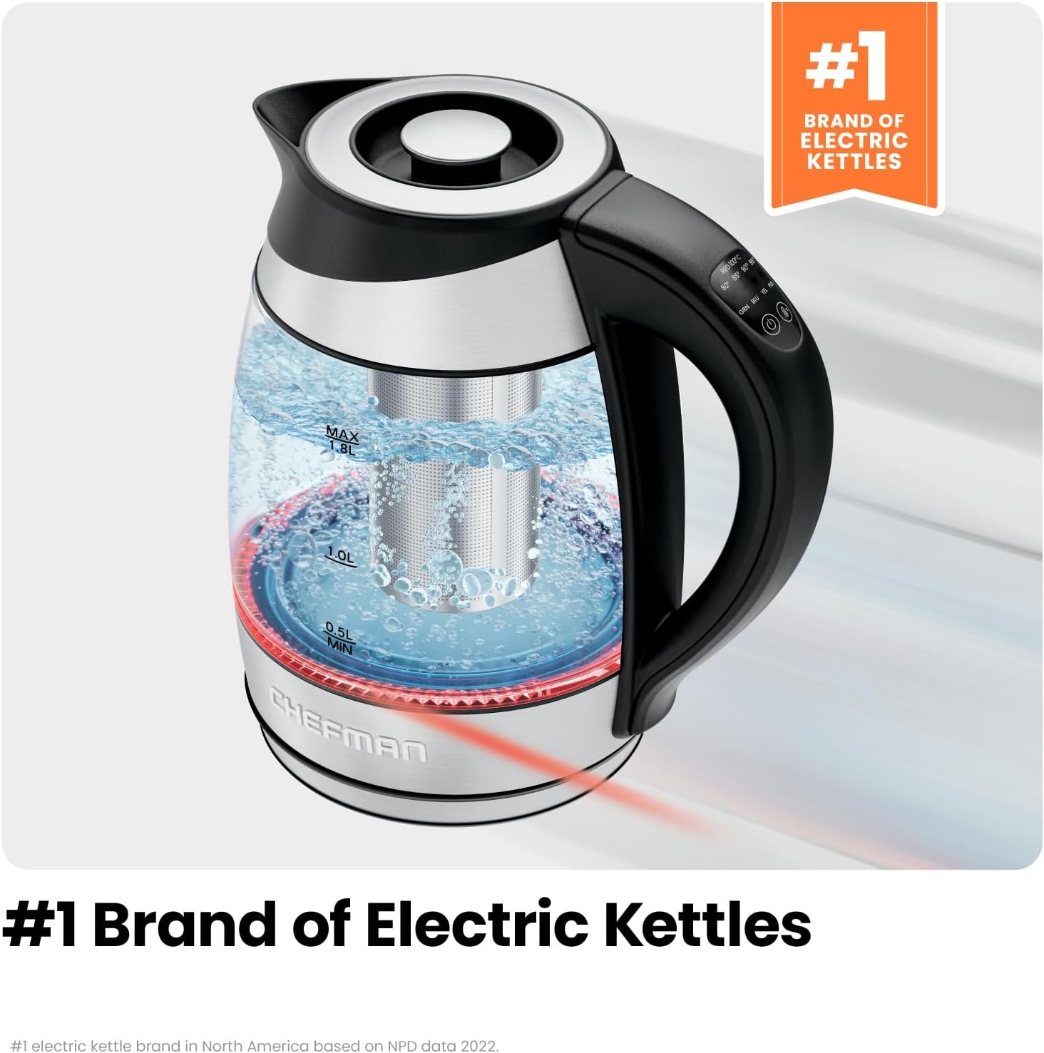 Chefman Electric Kettle w/ Temperature Control, 5 Presets, Colored LED Indicator Lights, 360° Swivel Base, BPA Free, Removable Tea Infuser Included, 1100 Watts & 120 Volts, Stainless Steel, 1.8 Liters - Image 5