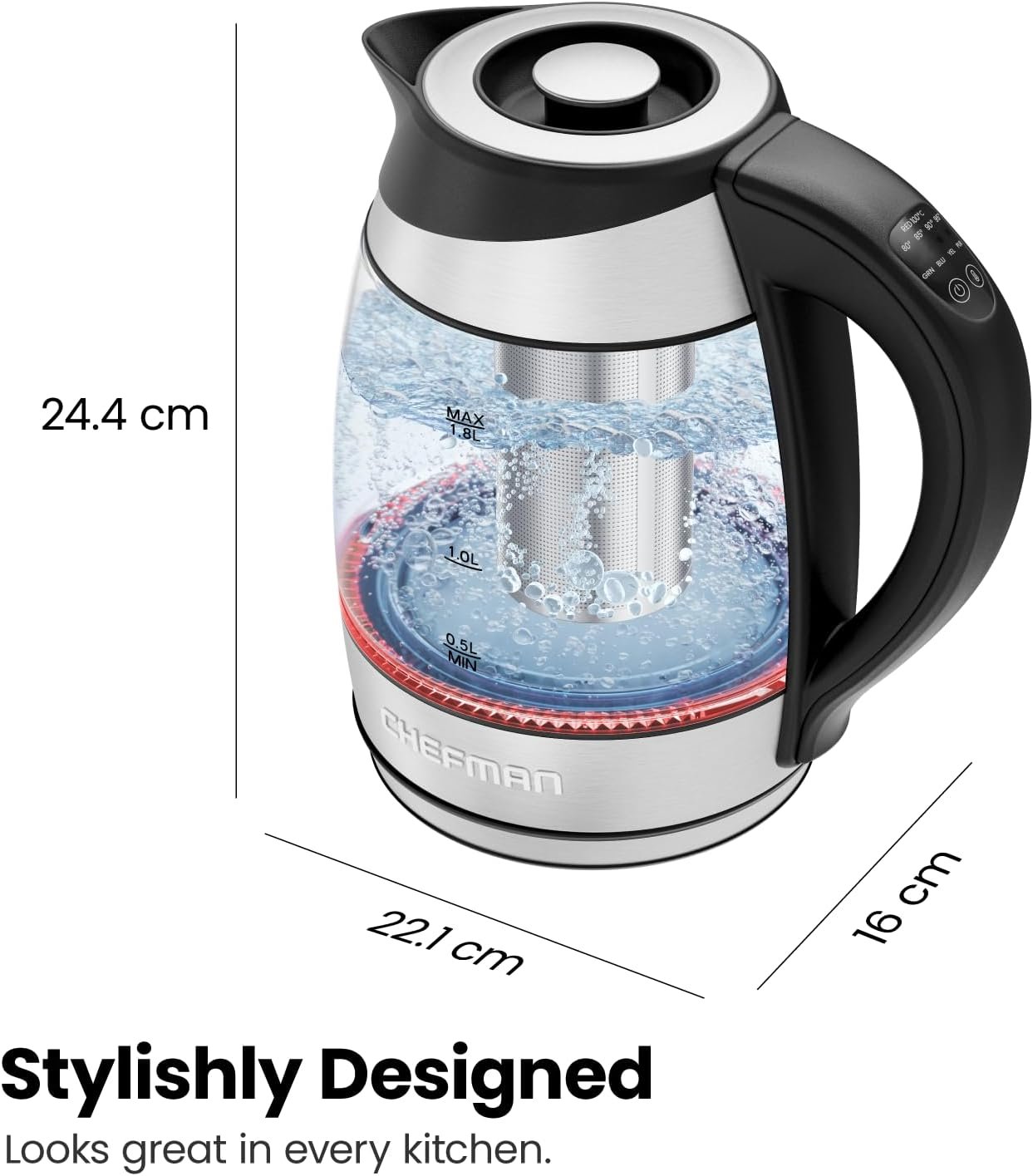 Chefman Electric Kettle w/ Temperature Control, 5 Presets, Colored LED Indicator Lights, 360° Swivel Base, BPA Free, Removable Tea Infuser Included, 1100 Watts & 120 Volts, Stainless Steel, 1.8 Liters - Image 11