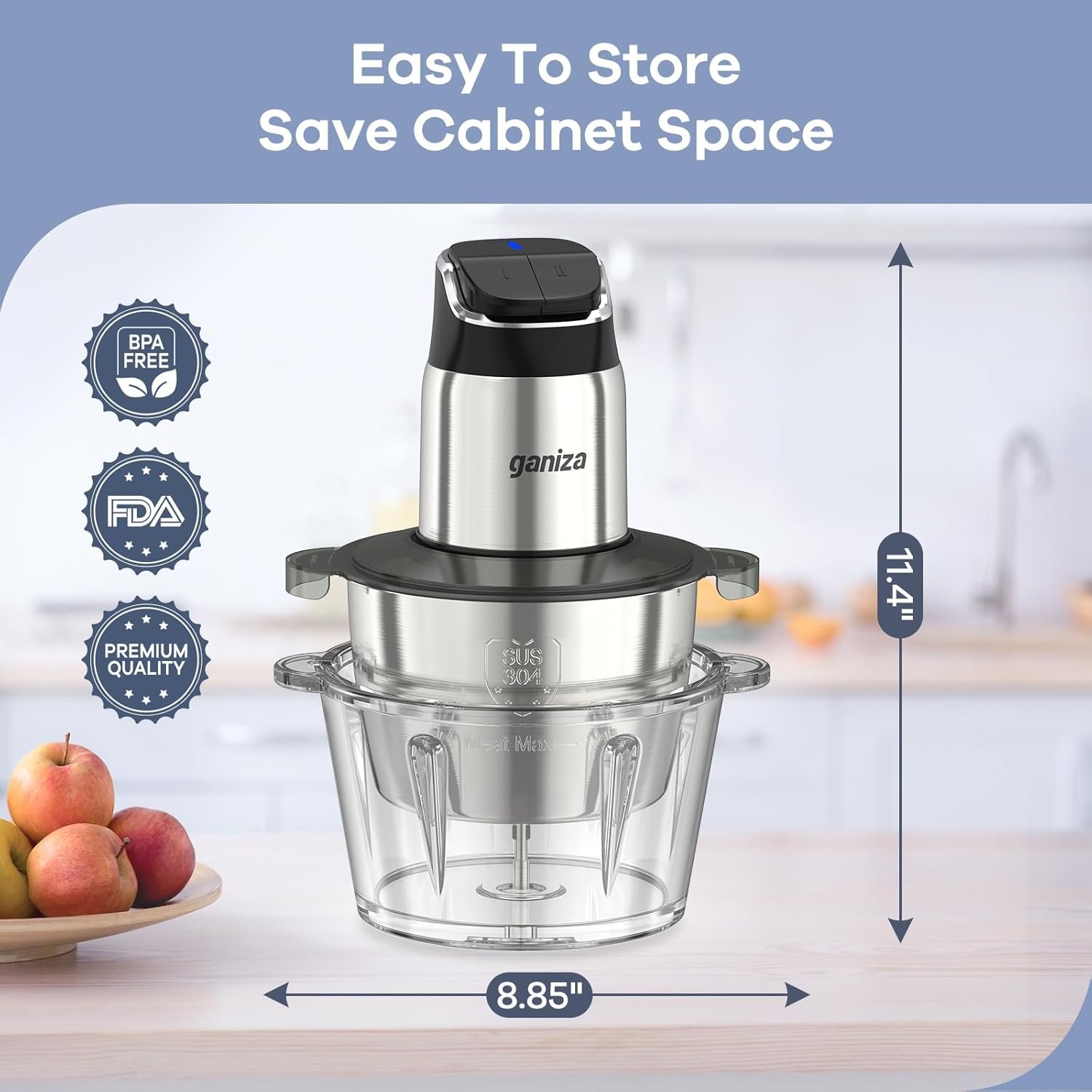 Ganiza Food Processor, 2-Speed Food Chopper Meat Grinder with 2 Bowls, Upgraded Button & Smart Overheat Protection Light - Clean Brush, 2 Blades - Image 8