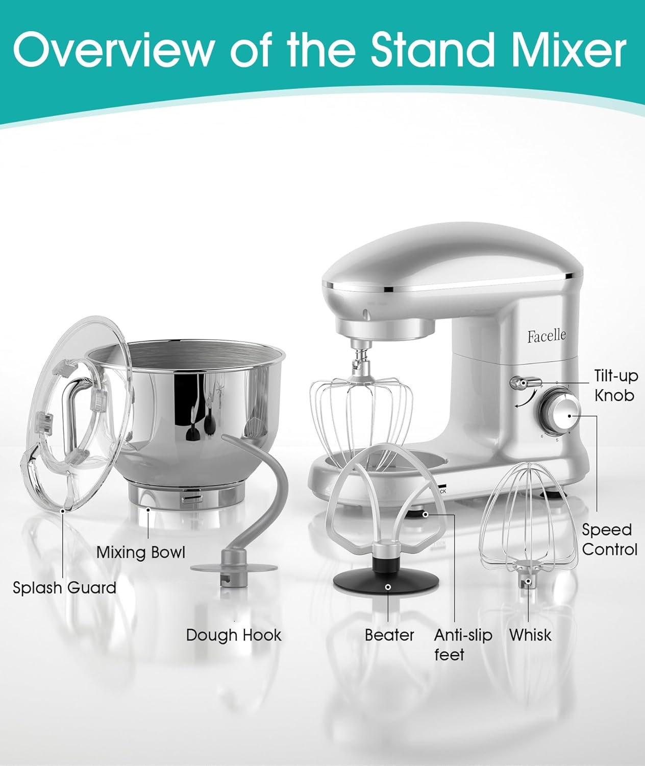 Facelle Stand Mixer, 660W Household Kitchen Stand Mixers Dough Mixer with 6-Speed Tilt-Head Standing Mixer Cake Mixer-Dough Hook/Whisk/Beater for Baking,Cakes,Cookie(6.5 QT Bowl,Silver) - Image 7
