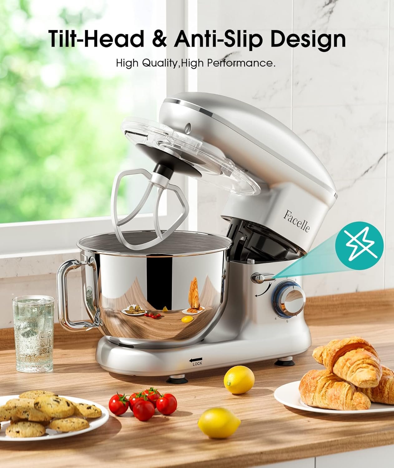Facelle Stand Mixer, 660W Household Kitchen Stand Mixers Dough Mixer with 6-Speed Tilt-Head Standing Mixer Cake Mixer-Dough Hook/Whisk/Beater for Baking,Cakes,Cookie(6.5 QT Bowl,Silver) - Image 5