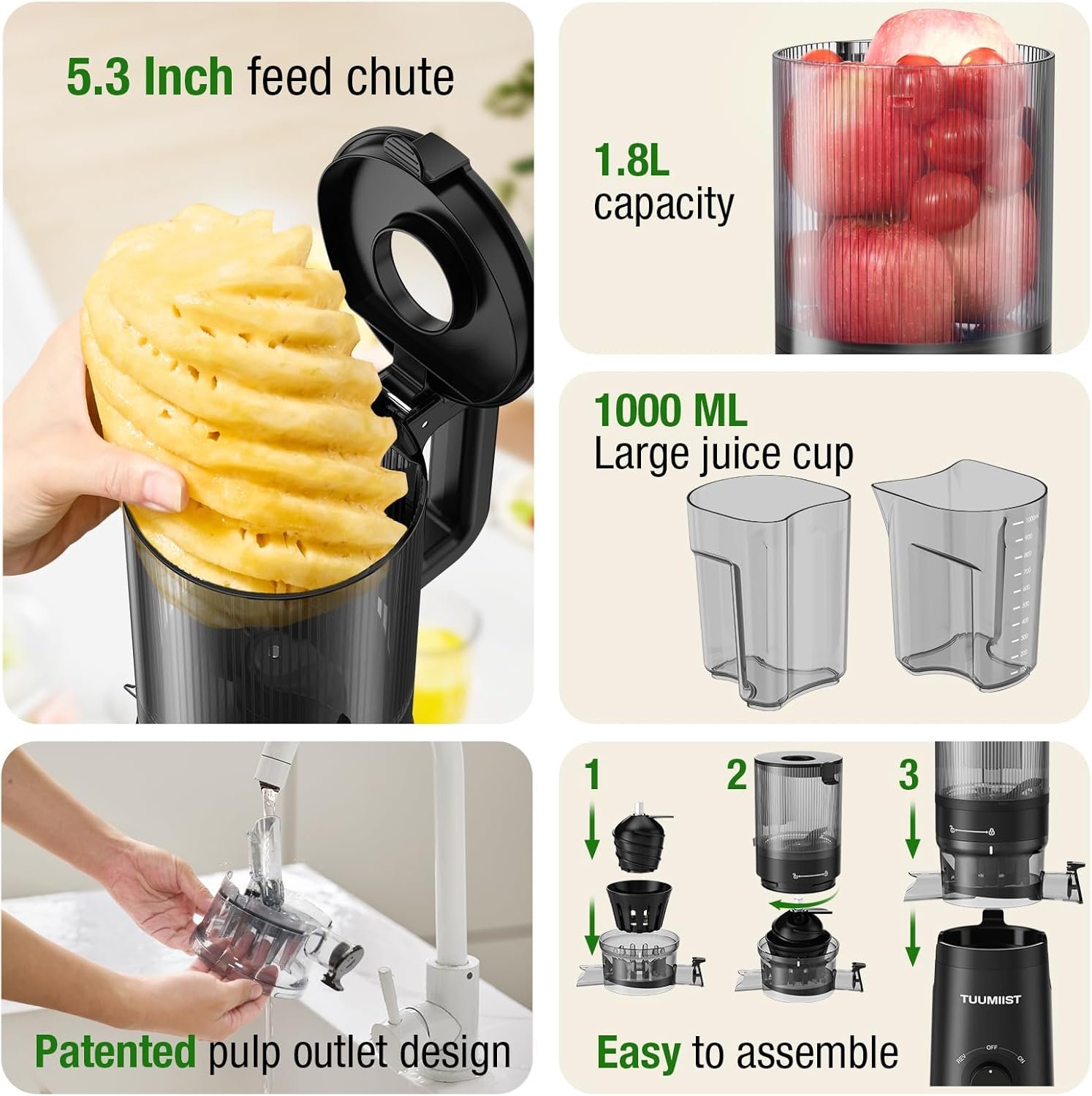 Juicer Machines, TUUMIIST Cold Press Juicer with 5.3" Extra Large Feed Chute Fit Whole Fruits & Vegetables Easy to Clean, High Juice Yield, BPA Free (Black) - Image 8