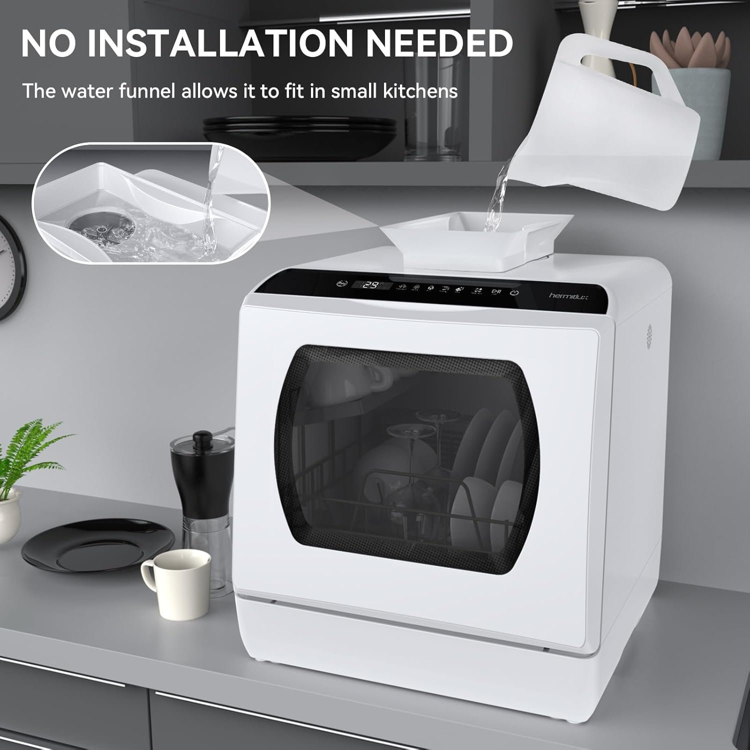 Hermitlux Countertop Dishwasher, 5 Washing Programs Portable Dishwasher With 5-Liter Built-in Water Tank For Glass Door - Image 5