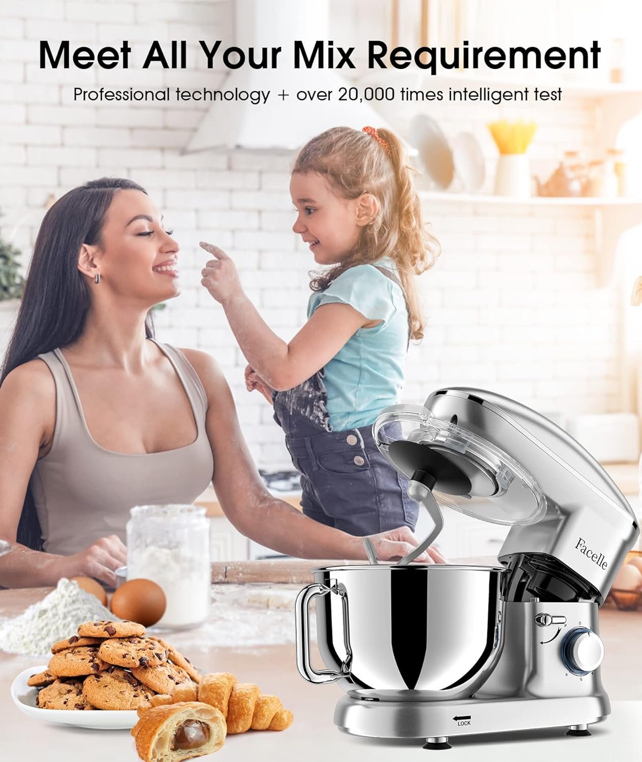 Facelle Stand Mixer, 660W Household Kitchen Stand Mixers Dough Mixer with 6-Speed Tilt-Head Standing Mixer Cake Mixer-Dough Hook/Whisk/Beater for Baking,Cakes,Cookie(6.5 QT Bowl,Silver) - Image 8