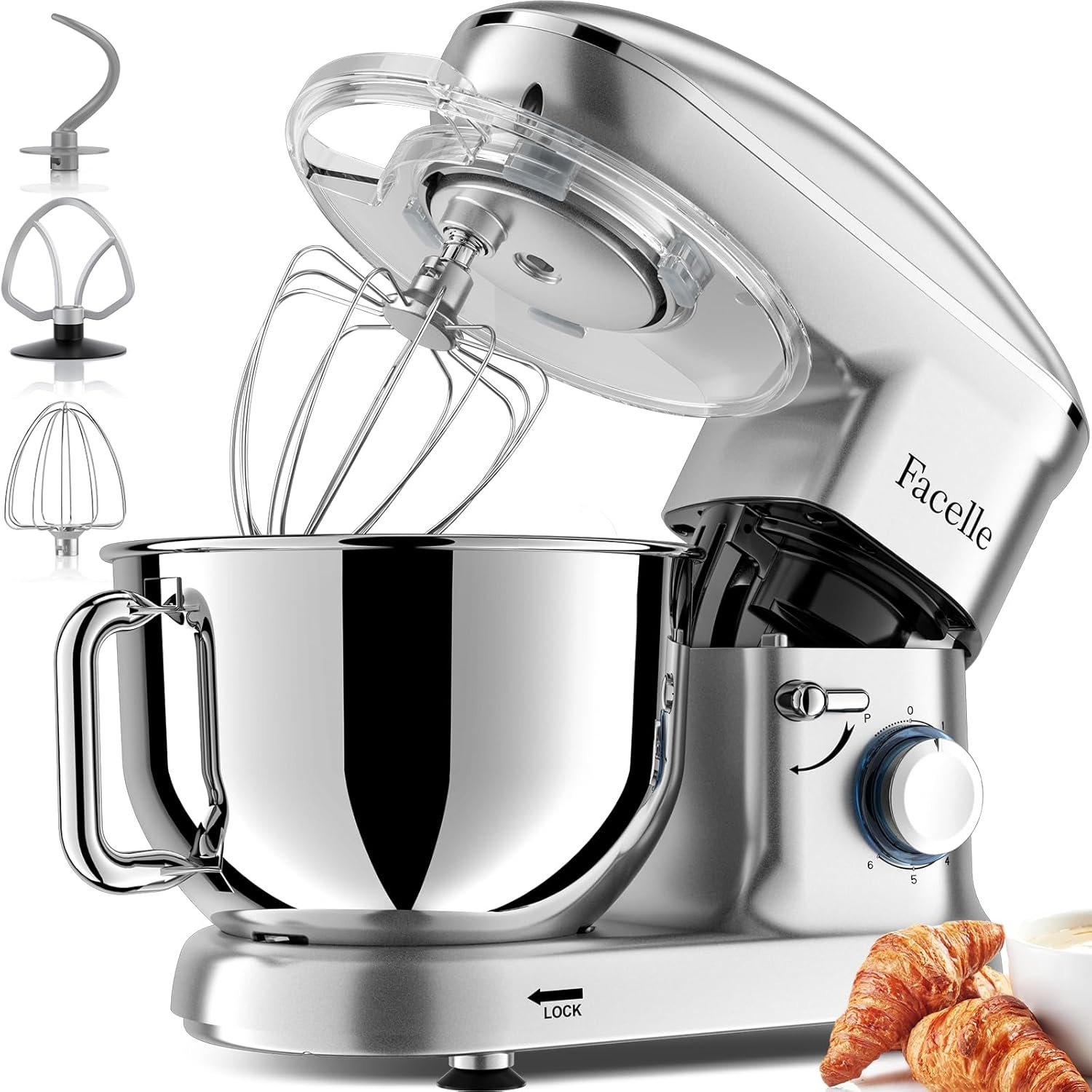 Facelle Stand Mixer, 660W Household Kitchen Stand Mixers Dough Mixer with 6-Speed Tilt-Head Standing Mixer Cake Mixer-Dough Hook/Whisk/Beater for Baking,Cakes,Cookie(6.5 QT Bowl,Silver) - Image 2