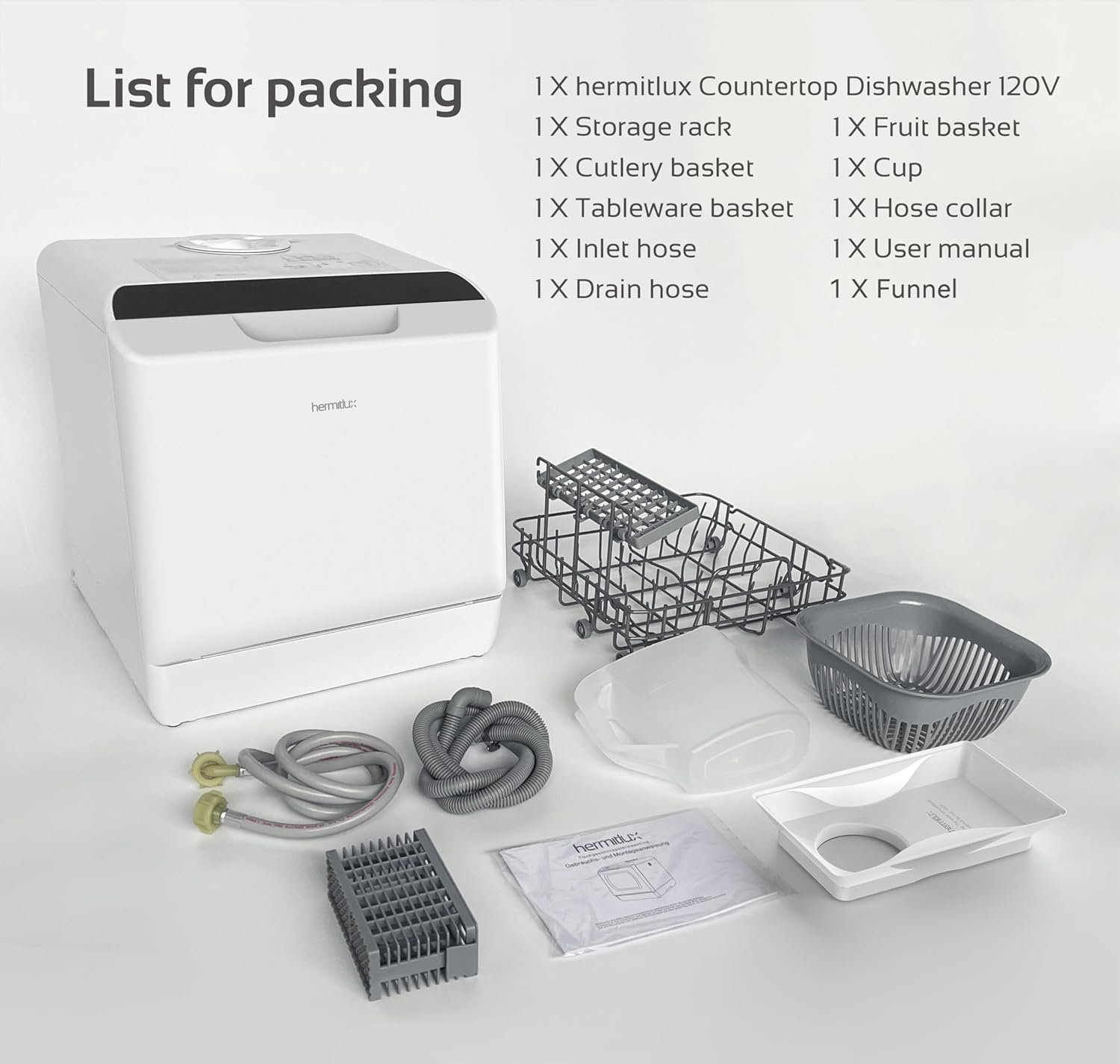 Hermitlux Countertop Dishwasher, 5 Washing Programs Portable Dishwasher With 5-Liter Built-in Water Tank And Inlet Hose & Drain Hose - Image 8