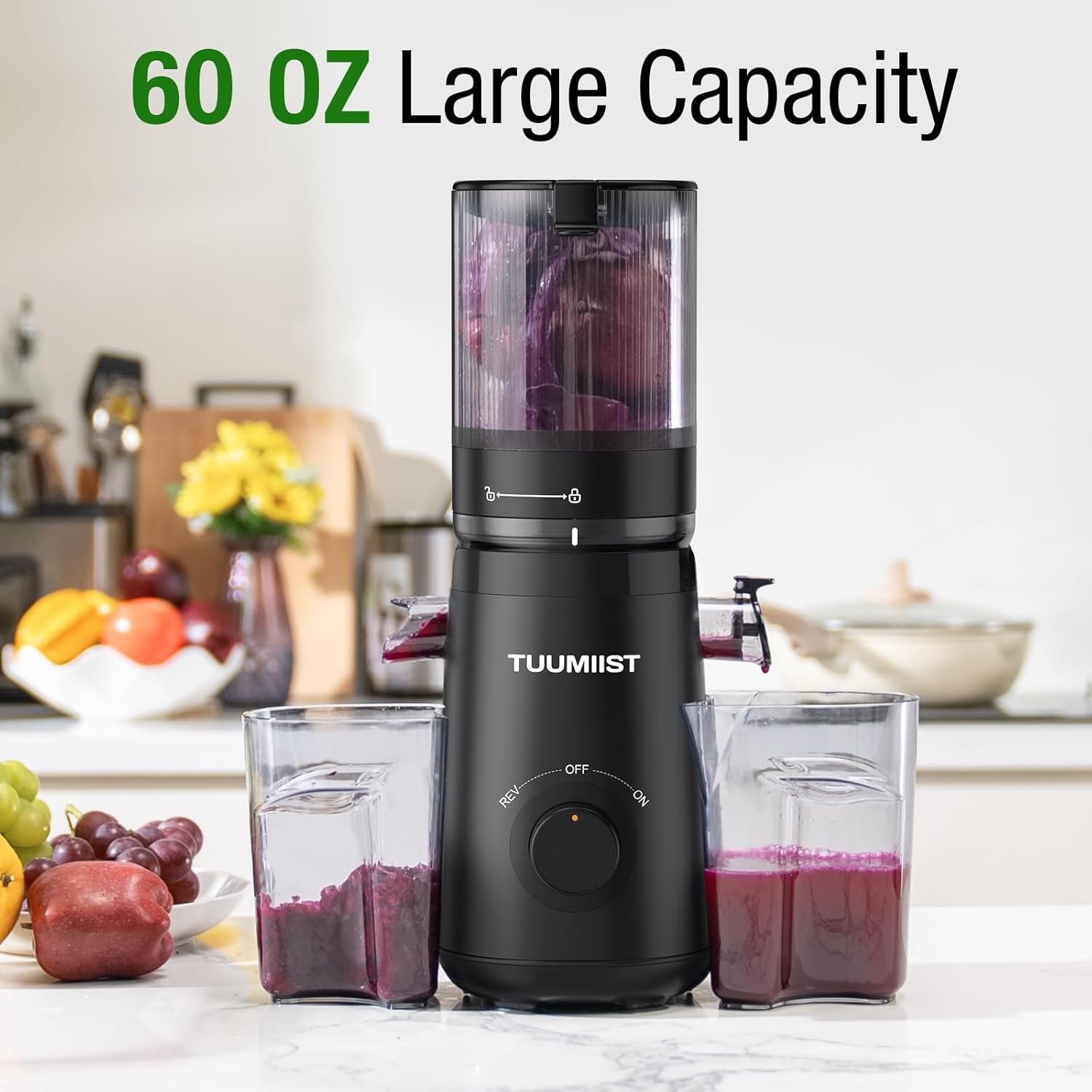 Juicer Machines, TUUMIIST Cold Press Juicer with 5.3" Extra Large Feed Chute Fit Whole Fruits & Vegetables Easy to Clean, High Juice Yield, BPA Free (Black) - Image 4
