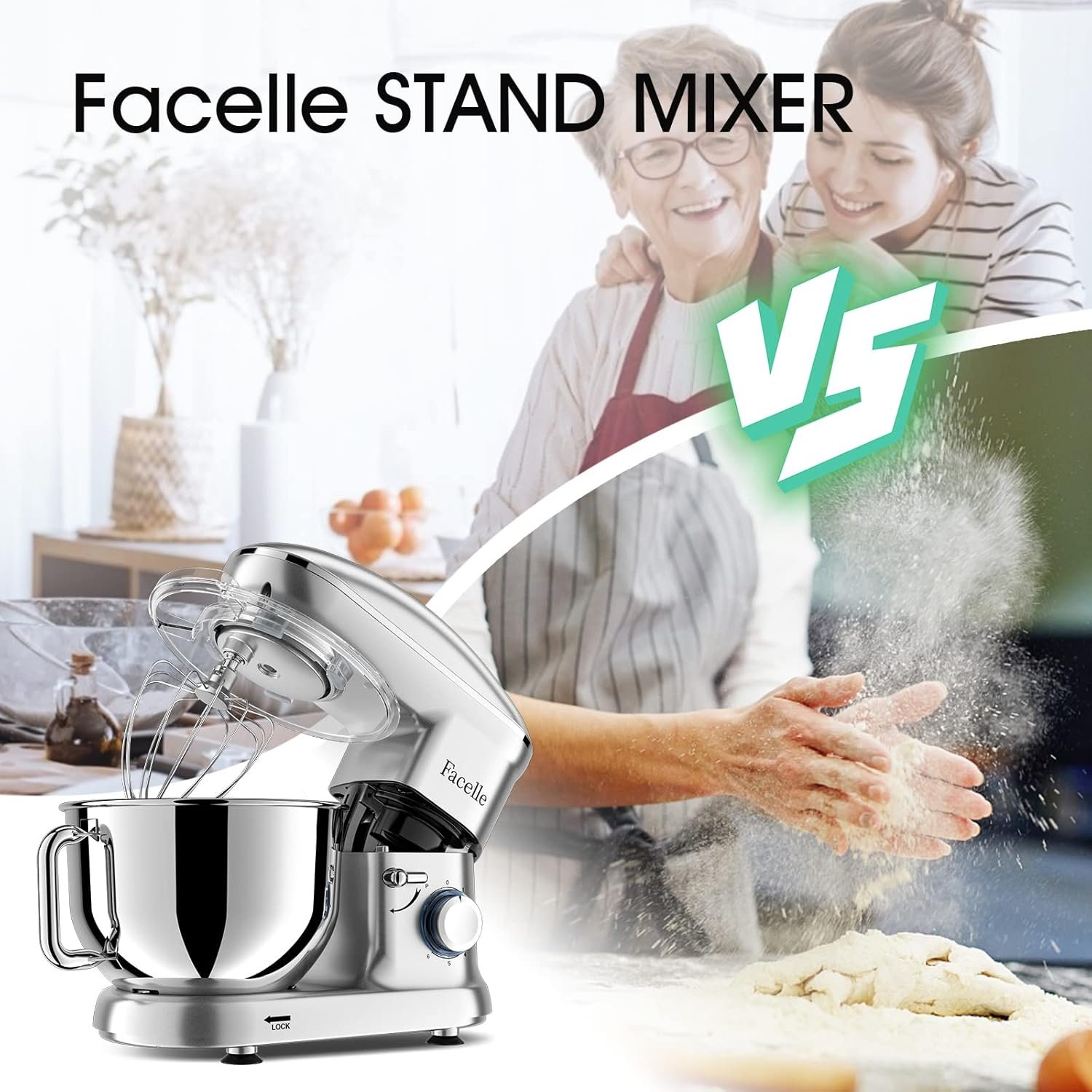 Facelle Stand Mixer, 660W Household Kitchen Stand Mixers Dough Mixer with 6-Speed Tilt-Head Standing Mixer Cake Mixer-Dough Hook/Whisk/Beater for Baking,Cakes,Cookie(6.5 QT Bowl,Silver) - Image 6