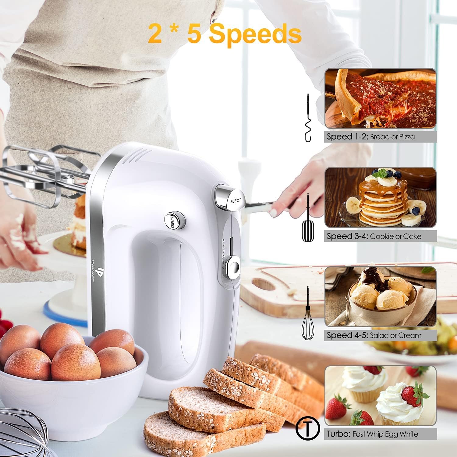 Hand Mixer Electric, 400w Ultra Power Kitchen Handheld Mixer with 2x5 Speed(Turbo Boost & Automatic Speed), Storage Case, 5 Stainless Steel Accessories for Easy Whipping, Baking, Cake - Image 3