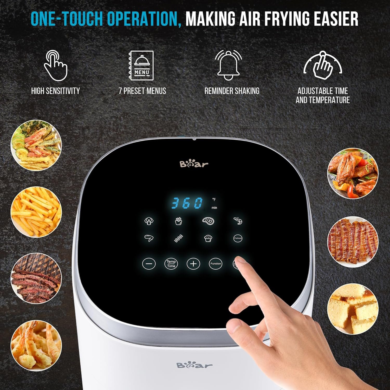 Bear Air Fryer, 5.3Qt 8-in-1 Quick and Oil-Free Healthy Meals, Easy View, Smart Digital Touchscreen, Dishwasher-Safe&Non-stick Basket, Disposable Paper Liner and Recipes included,White - Image 4