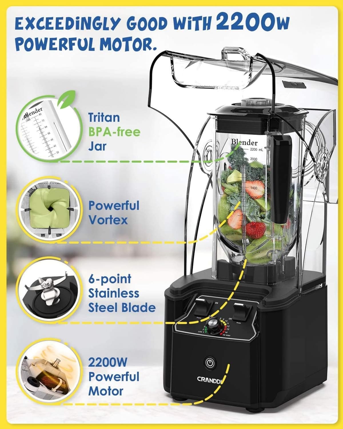 CRANDDI Commercial Quiet Blender, Soundproof Blenders, 2200 Watt Powerful Professional Kitchen Blender with BPA-Free 80oz Pitcher, Smoothie Blender for Commercial and Home K90 (Black) - Image 3