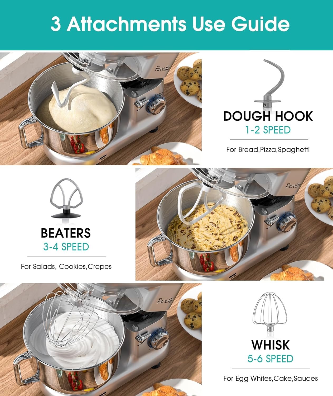Facelle Stand Mixer, 660W Household Kitchen Stand Mixers Dough Mixer with 6-Speed Tilt-Head Standing Mixer Cake Mixer-Dough Hook/Whisk/Beater for Baking,Cakes,Cookie(6.5 QT Bowl,Silver) - Image 4