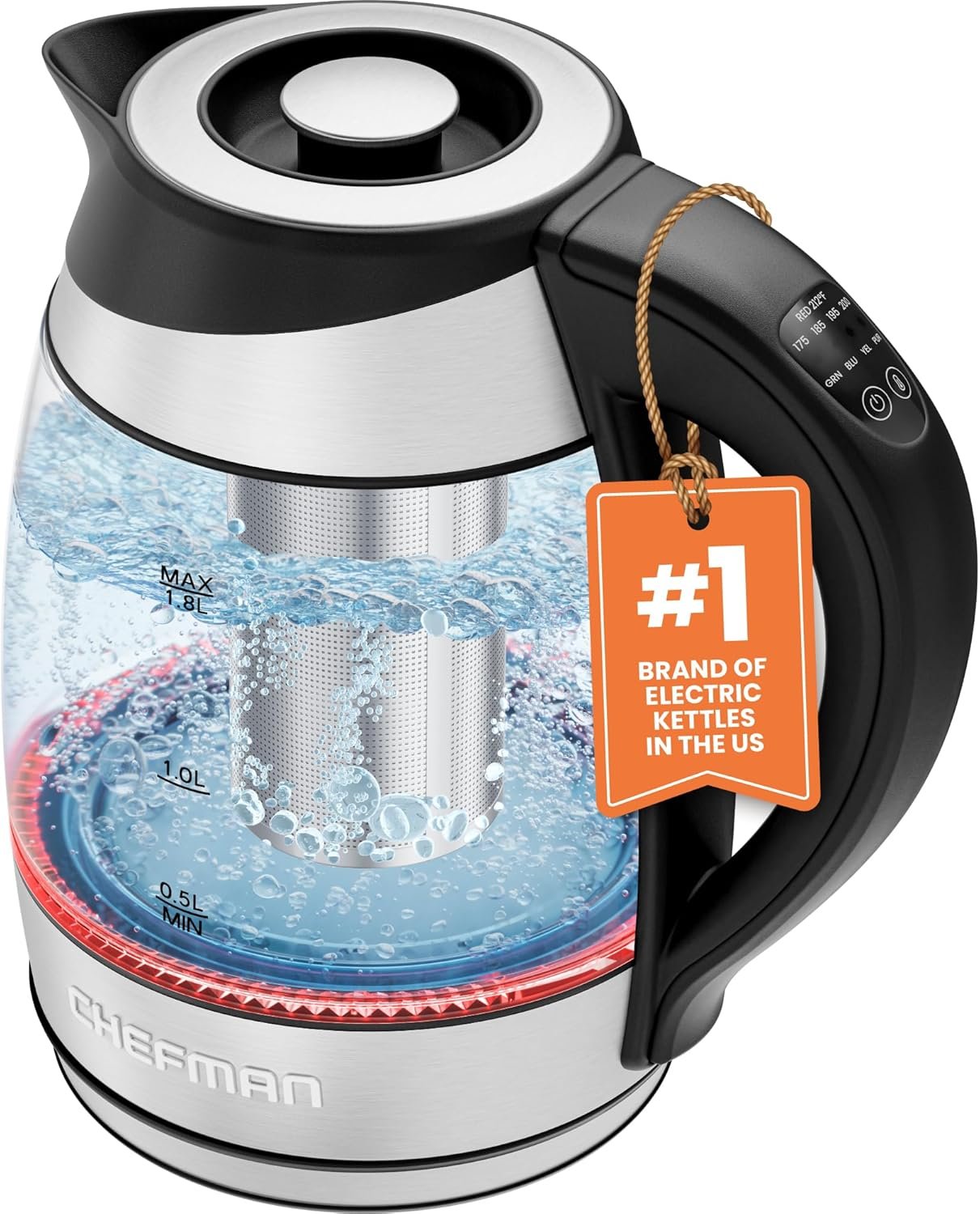 Chefman Electric Kettle w/ Temperature Control, 5 Presets, Colored LED Indicator Lights, 360° Swivel Base, BPA Free, Removable Tea Infuser Included, 1100 Watts & 120 Volts, Stainless Steel, 1.8 Liters - Image 2