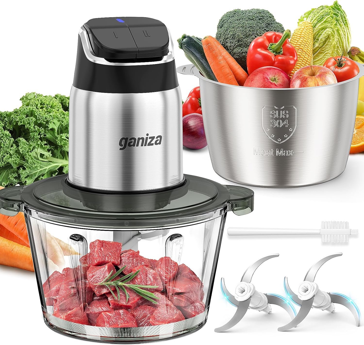 Ganiza Food Processor, 2-Speed Food Chopper Meat Grinder with 2 Bowls, Upgraded Button & Smart Overheat Protection Light - Clean Brush, 2 Blades - Image 9