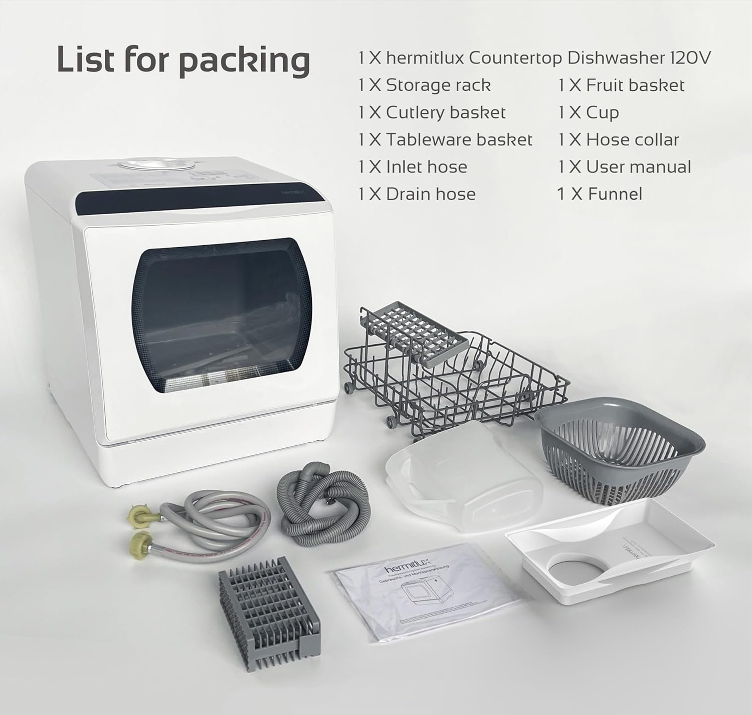 Hermitlux Countertop Dishwasher, 5 Washing Programs Portable Dishwasher With 5-Liter Built-in Water Tank For Glass Door - Image 8