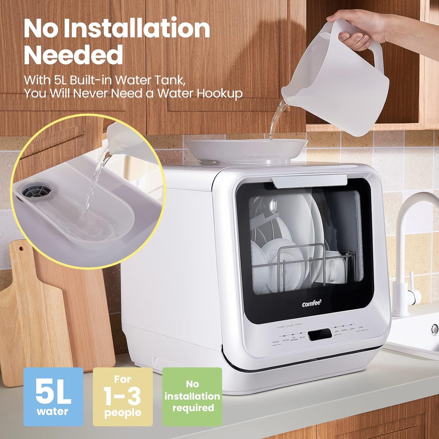 COMFEE' Countertop Dishwasher, Portable Dishwasher with 5L Built-in Water Tank, No Hookup Needed, 6 Programs, 360° Dual Spray, 192℉ Steam& Air-Dry Function, Mini Dishwasher for Apartments& RVs, White - Image 3