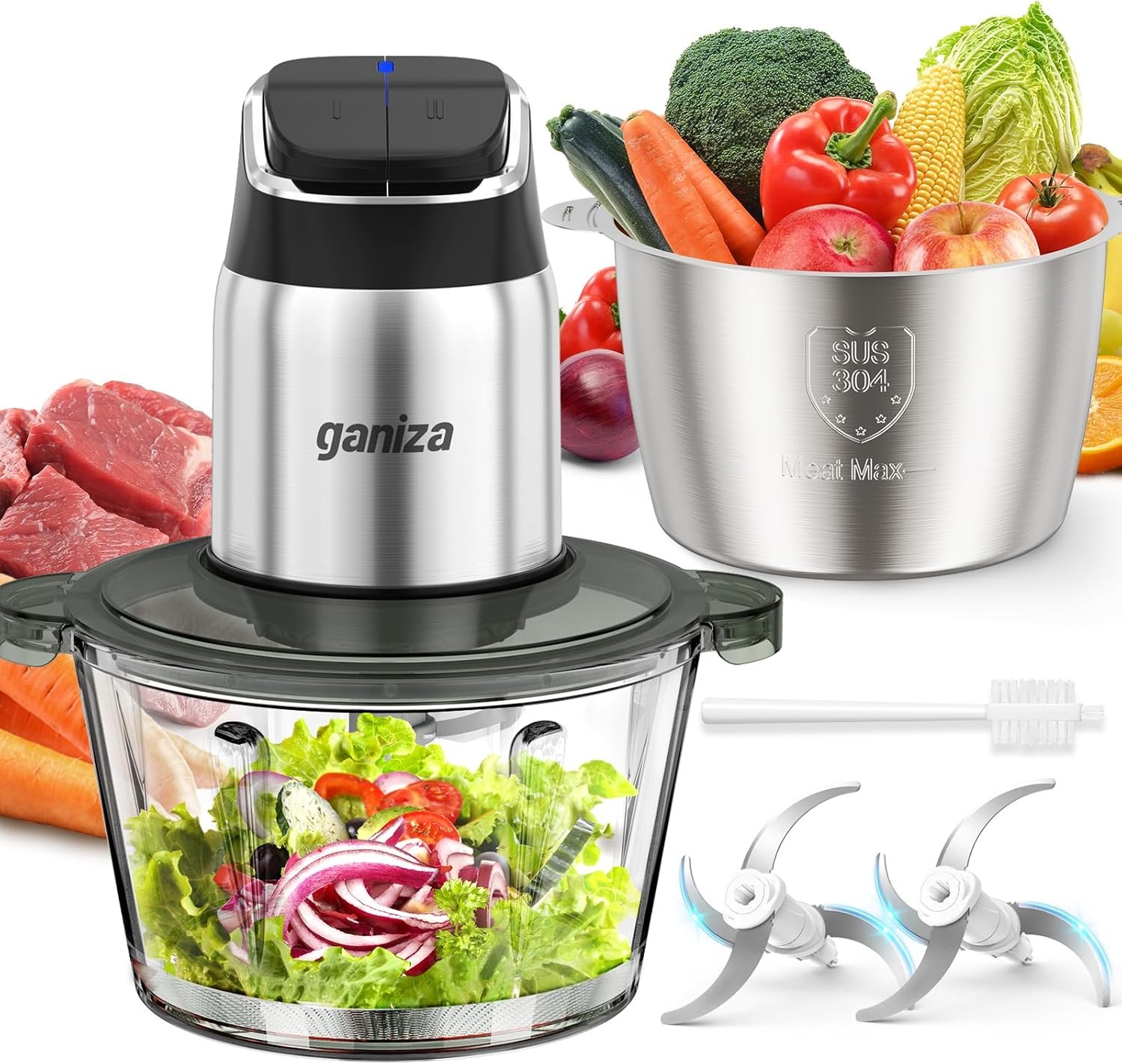Ganiza Food Processor, 2-Speed Food Chopper Meat Grinder with 2 Bowls, Upgraded Button & Smart Overheat Protection Light - Clean Brush, 2 Blades - Image 2