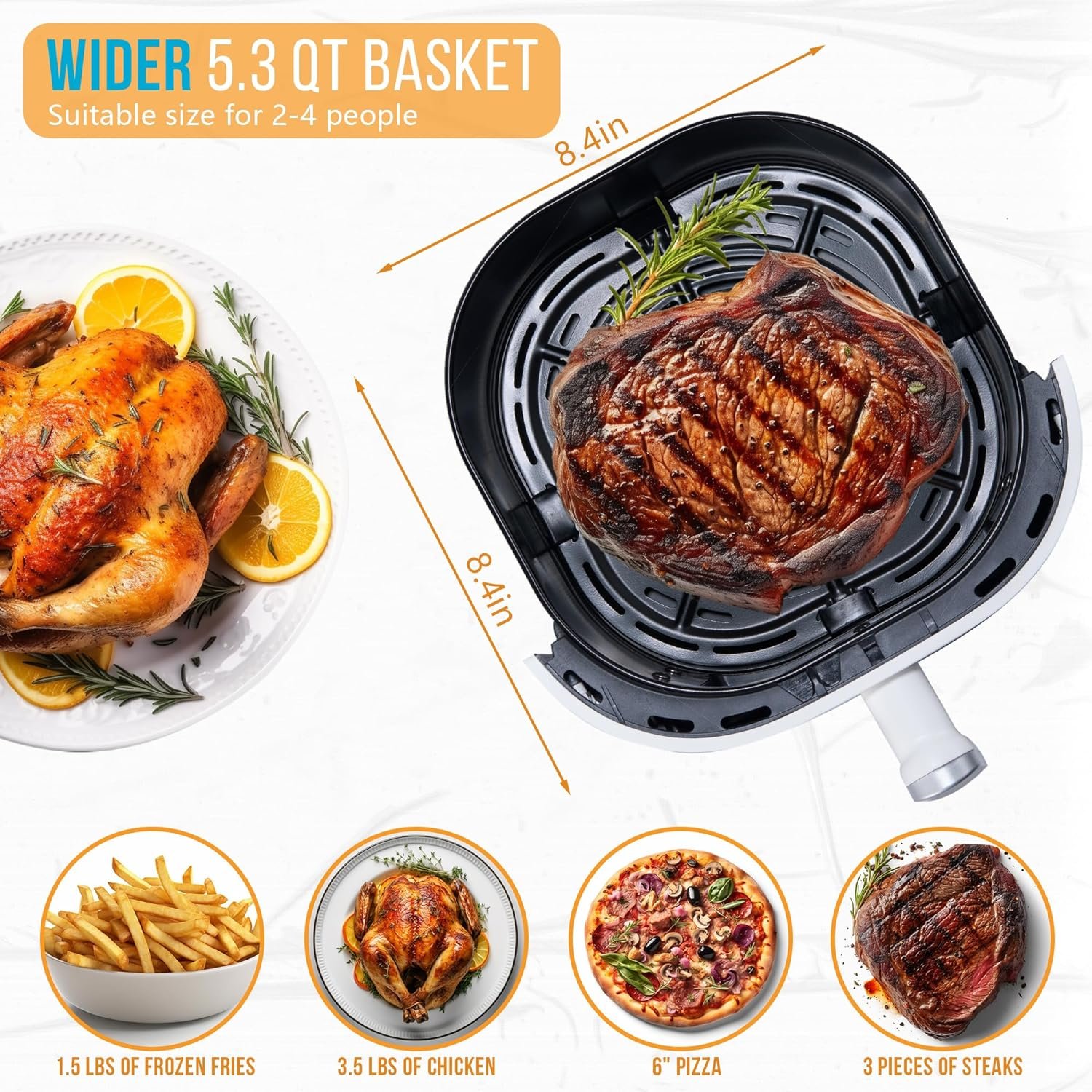 Bear Air Fryer, 5.3Qt 8-in-1 Quick and Oil-Free Healthy Meals, Easy View, Smart Digital Touchscreen, Dishwasher-Safe&Non-stick Basket, Disposable Paper Liner and Recipes included,White - Image 5