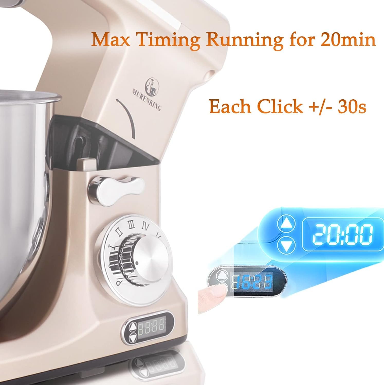 MURENKING Professional Stand Mixer, 6-Qt with Timer, MK37 500W 6-Speed Tilt-Head Food Electric Mixer Kitchen Machine,Plastic (Champagne) - Image 3