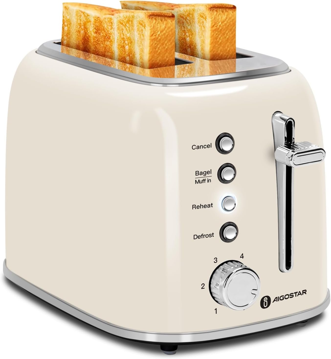 Aigostar Toaster 2 Slice, Retro Extra-Wide Slot Toasters Best Rated Prime for Toasting Bagels, Breads, Waffles & More, Cancel, Defrost & 6 Browning, Removable Crumb Tray, Stainless Steel, Cream White - Image 2
