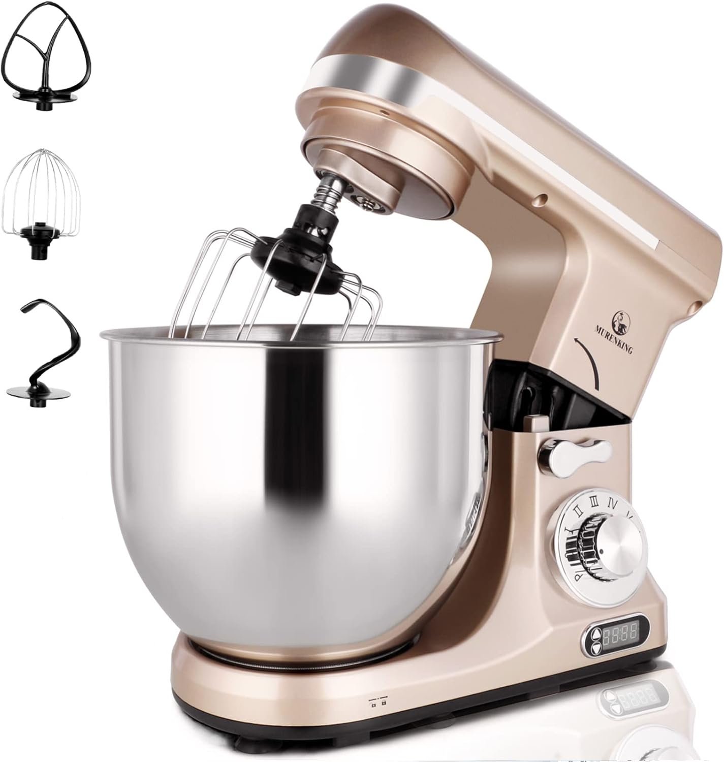 MURENKING Professional Stand Mixer, 6-Qt with Timer, MK37 500W 6-Speed Tilt-Head Food Electric Mixer Kitchen Machine,Plastic (Champagne) - Image 2