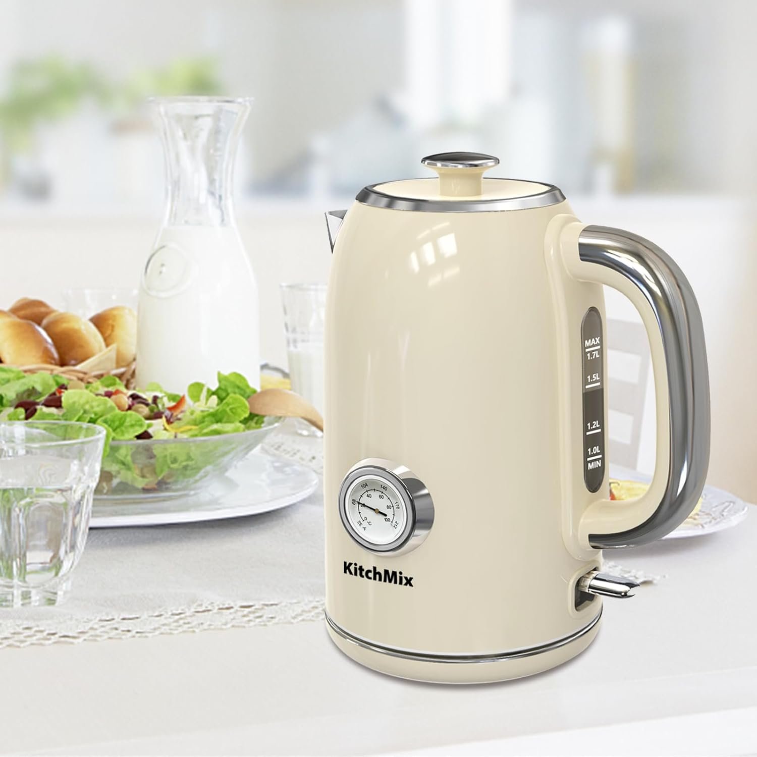KitchMix Electric Kettle,1.7L Stainless Steel Tea Kettle with Thermometer,1500W Cordless Water Boiler with LED Indicator, Auto Shut-Off & Boil-Dry, Cool Touch Handle, BPA Free - Cream - Image 9