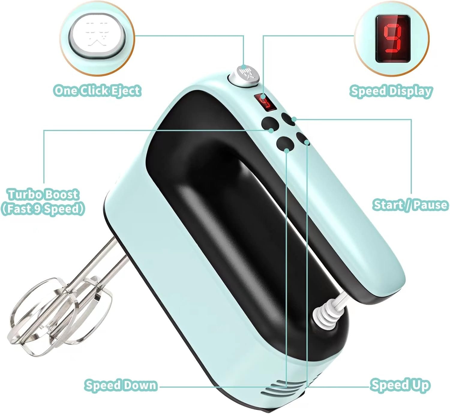 Yomelo 9-Speed Digital Hand Mixer Electric, 400W Powerful DC Motor, Baking Mixer Handheld with Snap-On Storage Case, Touch Button, Turbo Boost, Dough Hooks, Whisk (Ice Blue) - Image 4