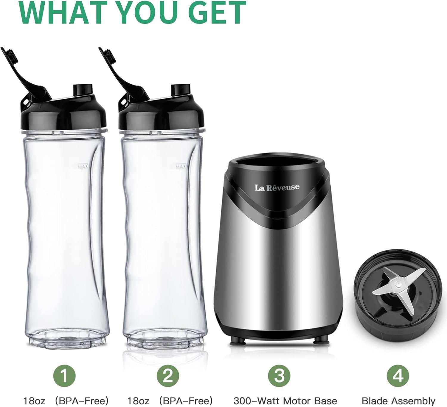La Reveuse Smoothies Blender Personal Size 300 Watts with 2 Pieces 18 oz BPA Free Portable Travel Sports Bottles (Silver 2 Cups) - Image 3