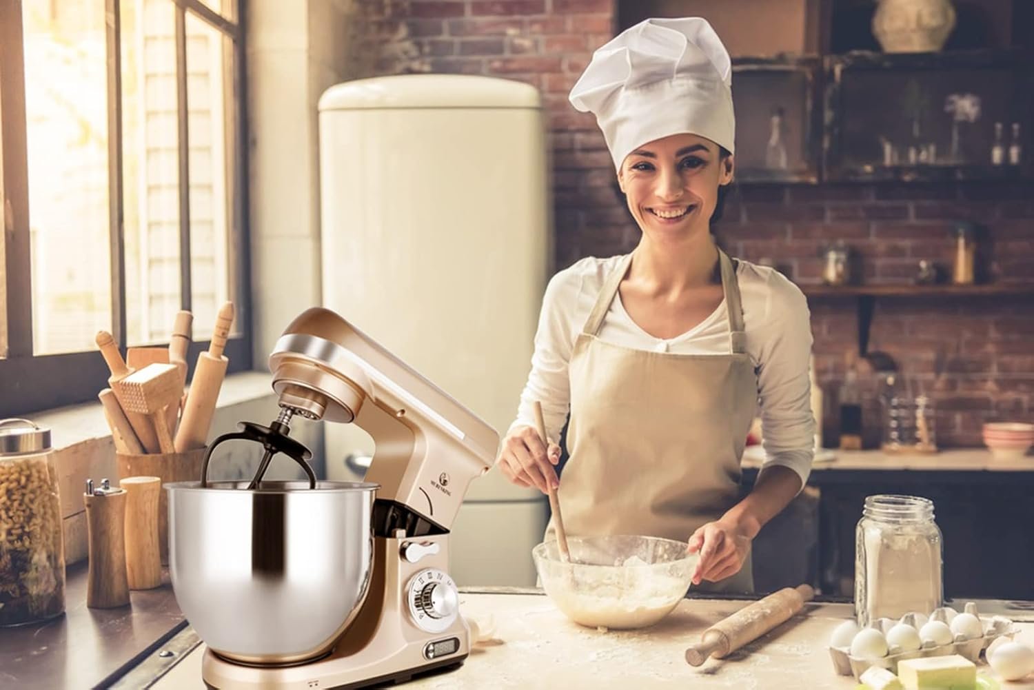 MURENKING Professional Stand Mixer, 6-Qt with Timer, MK37 500W 6-Speed Tilt-Head Food Electric Mixer Kitchen Machine,Plastic (Champagne) - Image 5