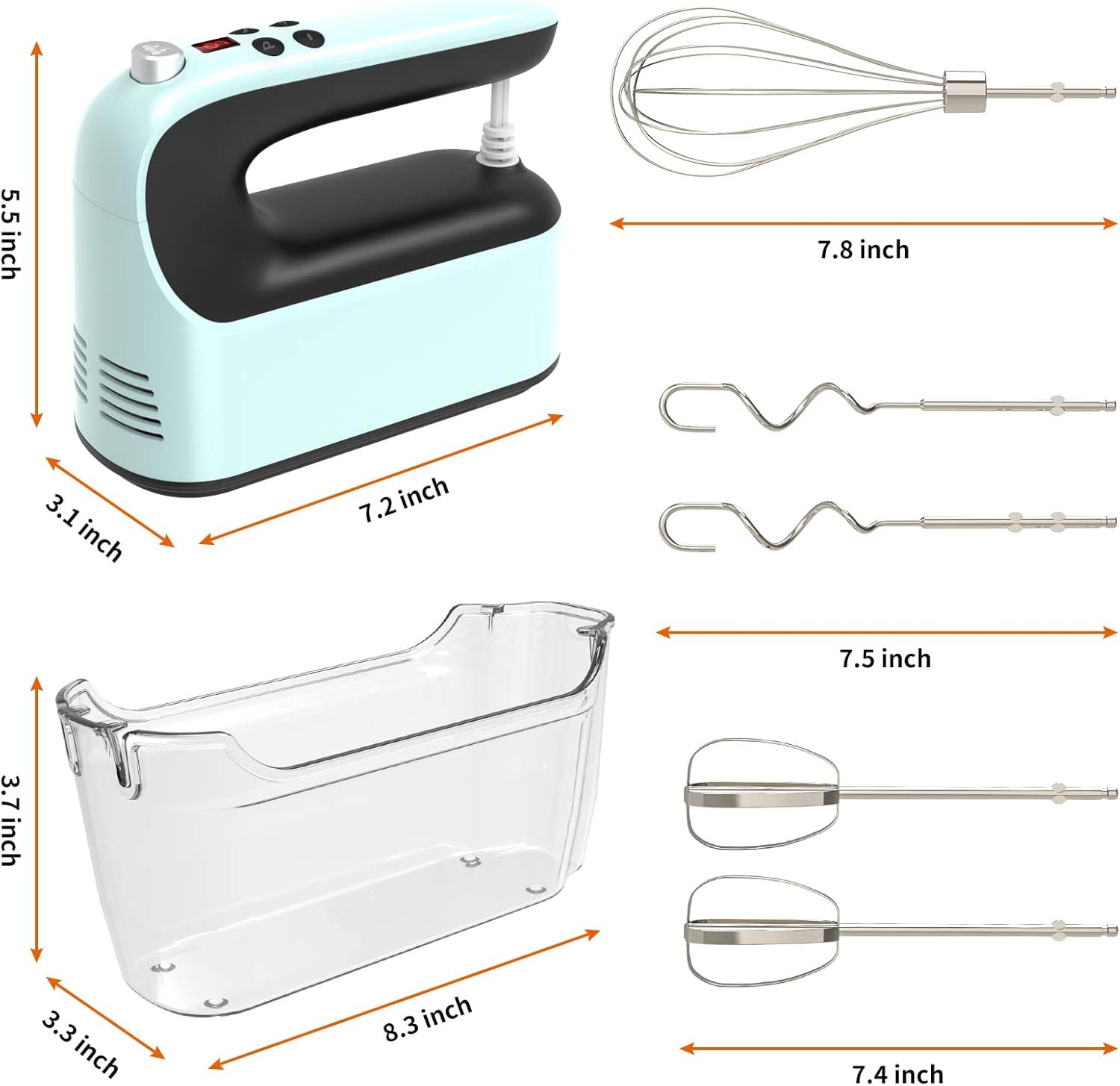Yomelo 9-Speed Digital Hand Mixer Electric, 400W Powerful DC Motor, Baking Mixer Handheld with Snap-On Storage Case, Touch Button, Turbo Boost, Dough Hooks, Whisk (Ice Blue) - Image 10