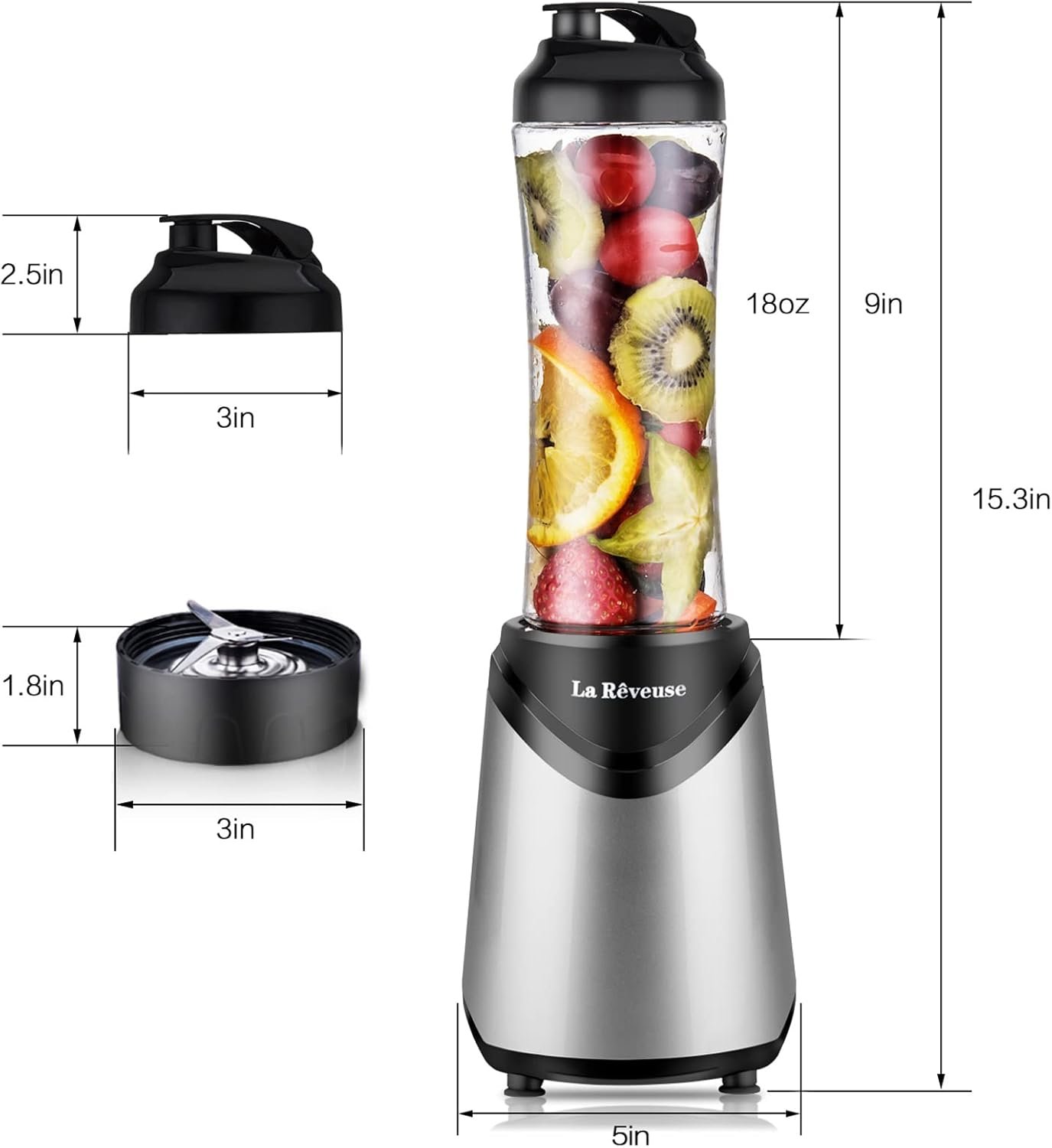 La Reveuse Smoothies Blender Personal Size 300 Watts with 2 Pieces 18 oz BPA Free Portable Travel Sports Bottles (Silver 2 Cups) - Image 5