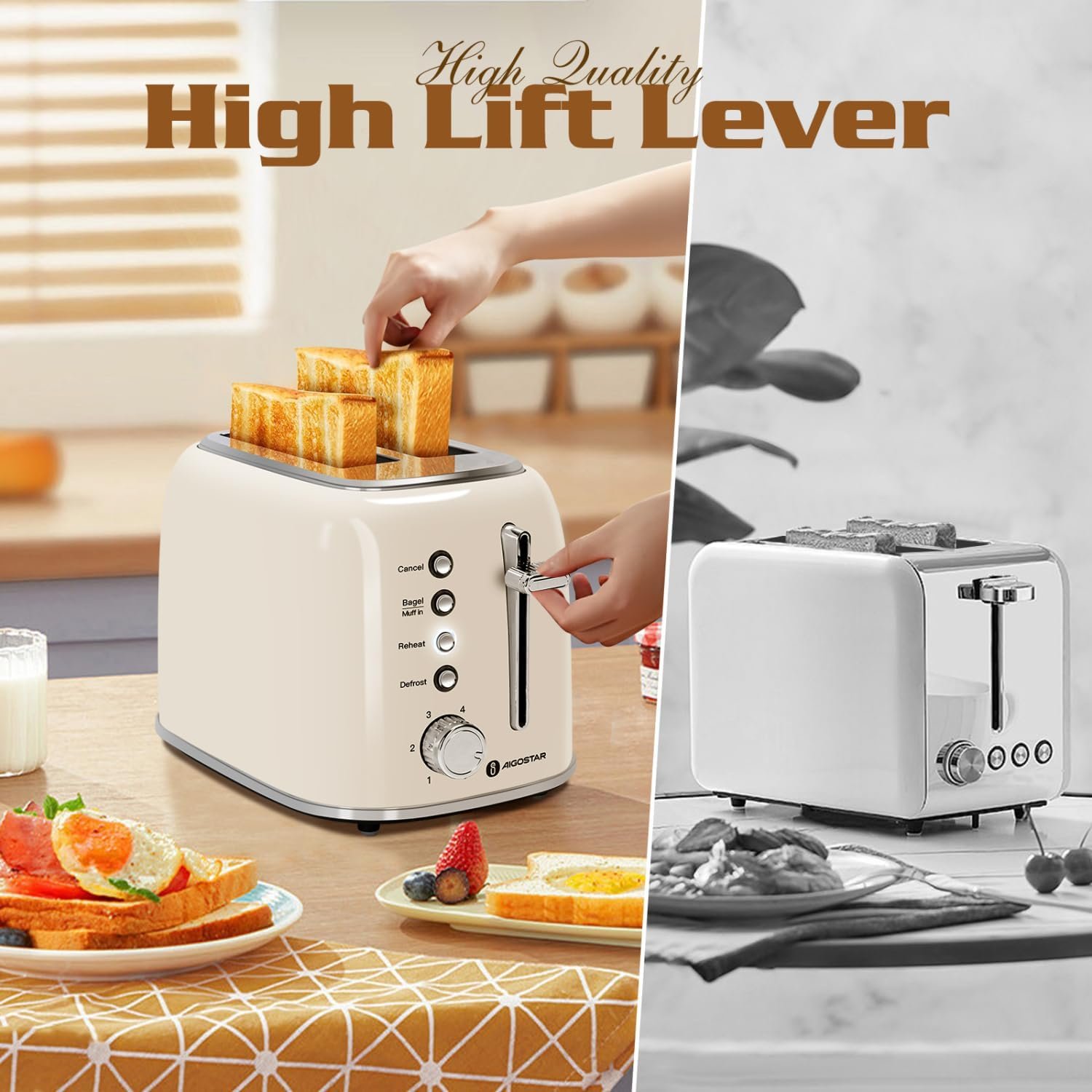 Aigostar Toaster 2 Slice, Retro Extra-Wide Slot Toasters Best Rated Prime for Toasting Bagels, Breads, Waffles & More, Cancel, Defrost & 6 Browning, Removable Crumb Tray, Stainless Steel, Cream White - Image 6