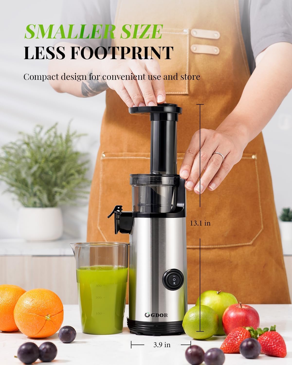 GDOR Compact Slow Juicer Machine 2.0, Space-Saving Cold Press Juicer with Powerful 60NM DC Motor, Low Noise Masticating Juicer Extractor, Easy to Clean, Brush Included, 20 Oz Juice Cup, BPA-Free - Image 3