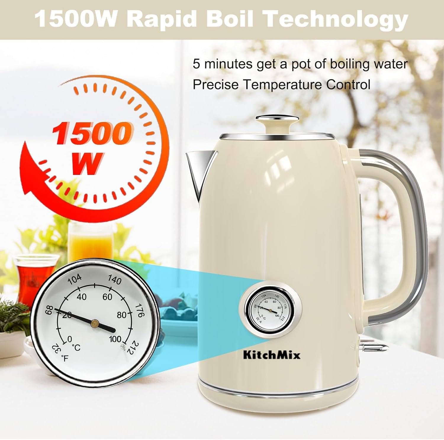 KitchMix Electric Kettle,1.7L Stainless Steel Tea Kettle with Thermometer,1500W Cordless Water Boiler with LED Indicator, Auto Shut-Off & Boil-Dry, Cool Touch Handle, BPA Free - Cream - Image 5
