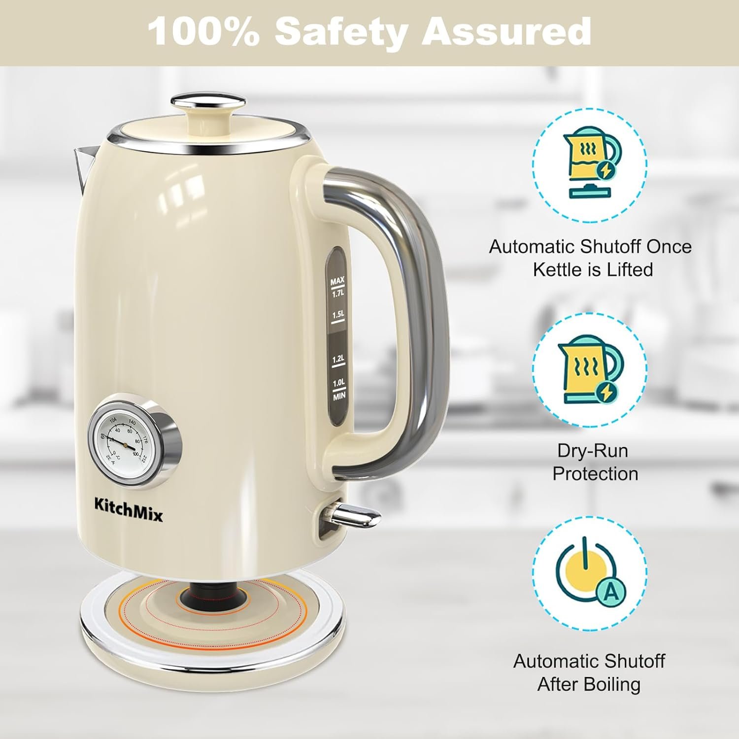 KitchMix Electric Kettle,1.7L Stainless Steel Tea Kettle with Thermometer,1500W Cordless Water Boiler with LED Indicator, Auto Shut-Off & Boil-Dry, Cool Touch Handle, BPA Free - Cream - Image 6