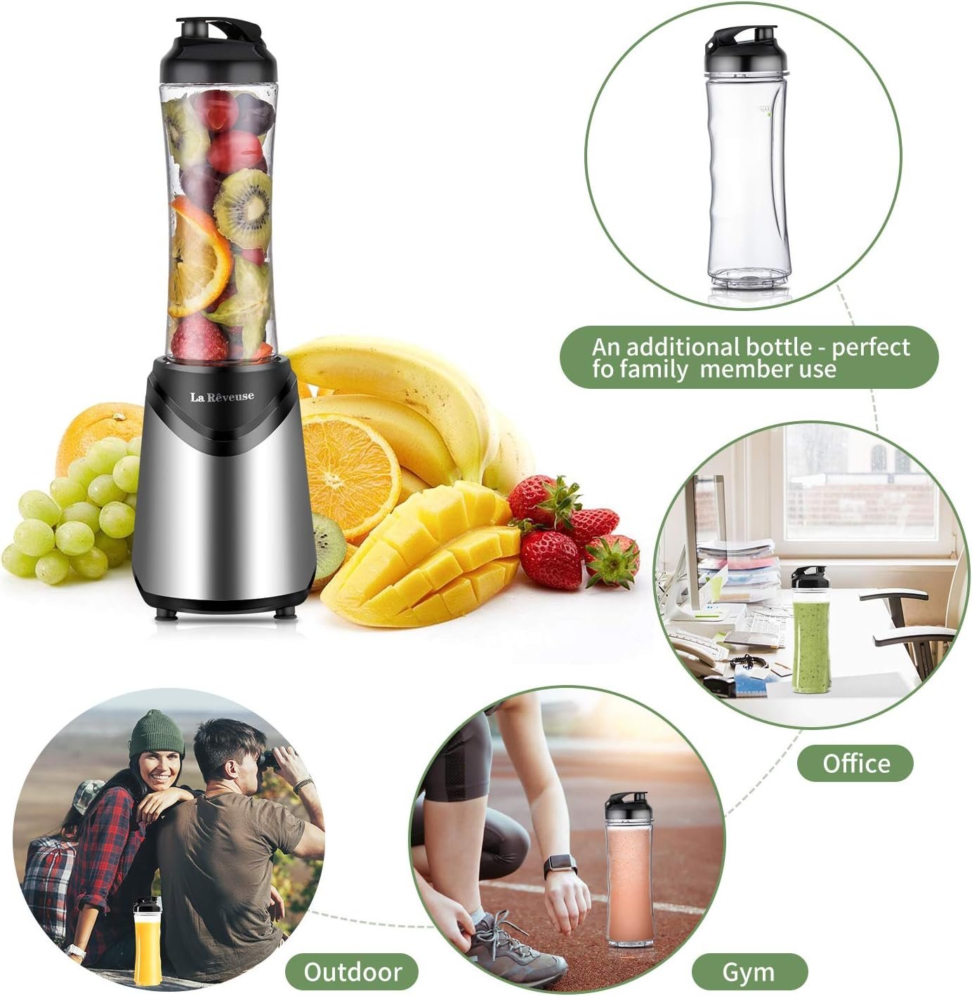 La Reveuse Smoothies Blender Personal Size 300 Watts with 2 Pieces 18 oz BPA Free Portable Travel Sports Bottles (Silver 2 Cups) - Image 4