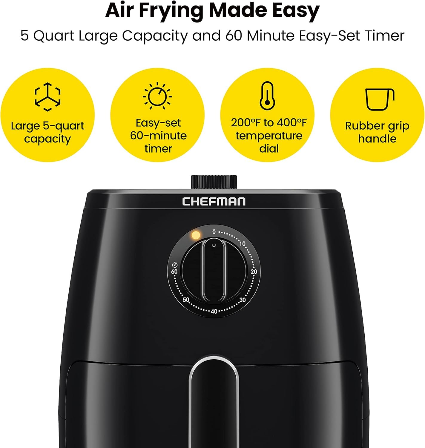 Chefman TurboFry 5-Quart Air Fryer, Dishwasher Safe Basket & Tray, Use Little to No Oil For Healthy Food, 60 Minute Timer, Fry Healthier Meals Fast, Heat And Power Indicator Light, Temp Control, Black - Image 3