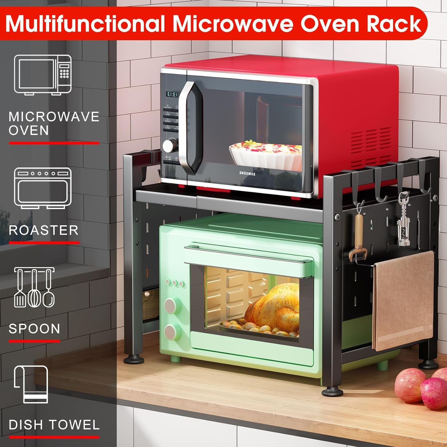 Kitstorack Adjustable Microwave Oven Rack,Microwave Stand Shelf Heavy Duty 2-Tier Shelf with Cutting Boards Stand for Kitchen Shelves Counter Top Organizer, Holds 180lbs,9 Hooks - Image 5