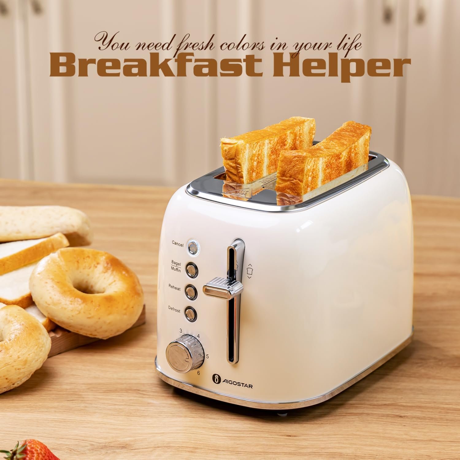 Aigostar Toaster 2 Slice, Retro Extra-Wide Slot Toasters Best Rated Prime for Toasting Bagels, Breads, Waffles & More, Cancel, Defrost & 6 Browning, Removable Crumb Tray, Stainless Steel, Cream White - Image 8
